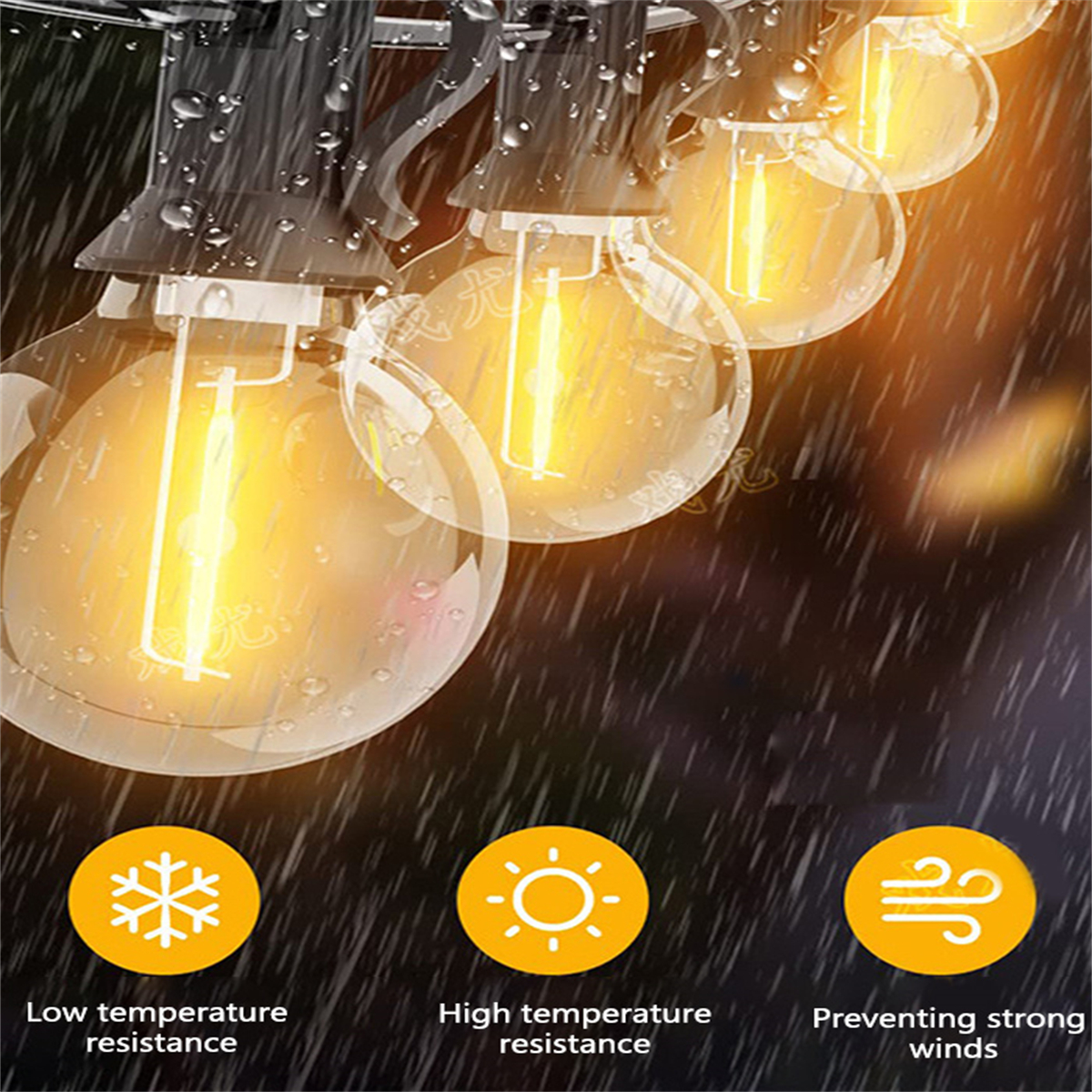 Lichterkette mit gro ßen, gelben Glühbirnen. Symbole für Temperatur- und Windbeständigkeit.