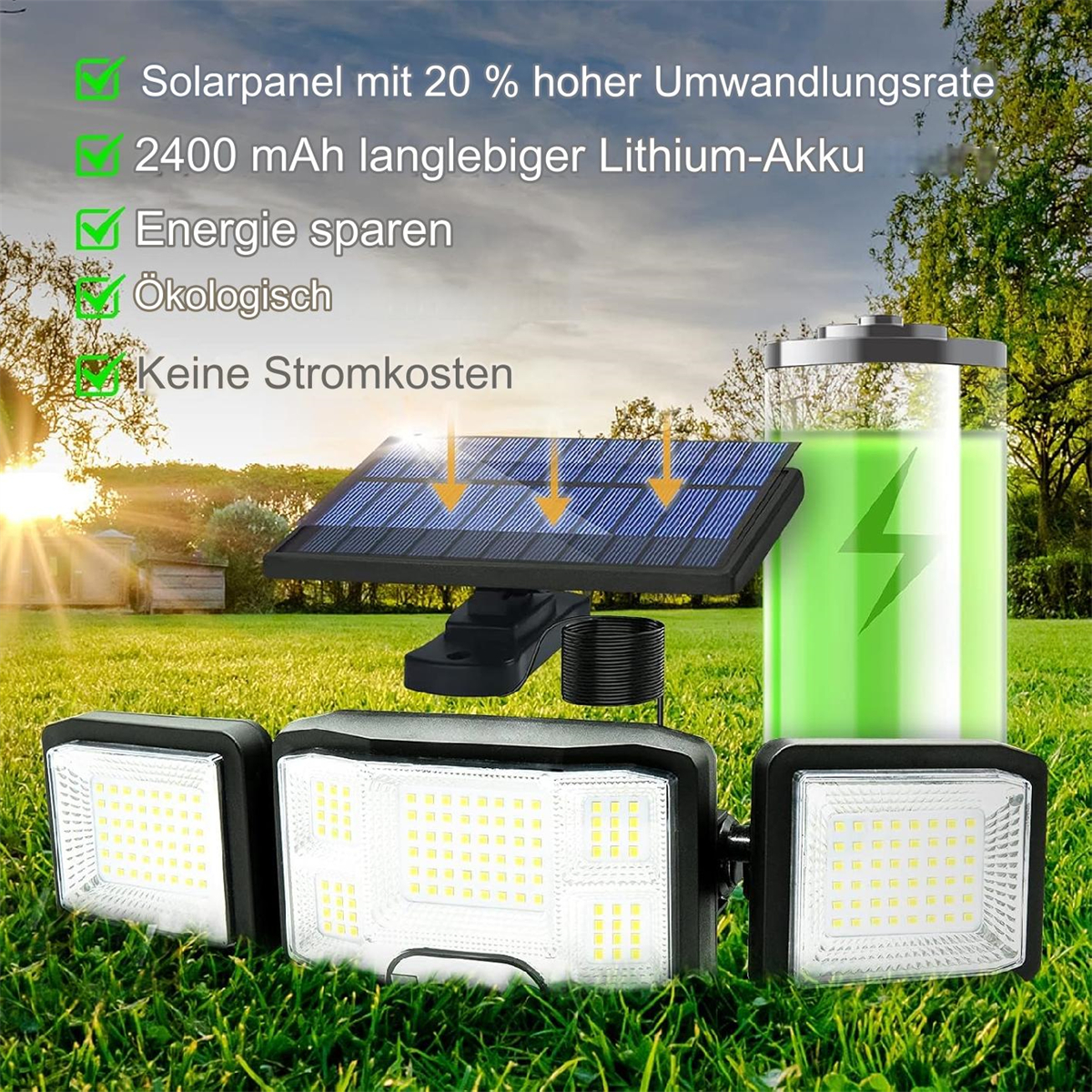 Solarpanel mit Lichtern und einer Batterie, auf Gras. Grüner Gras Hintergrund.