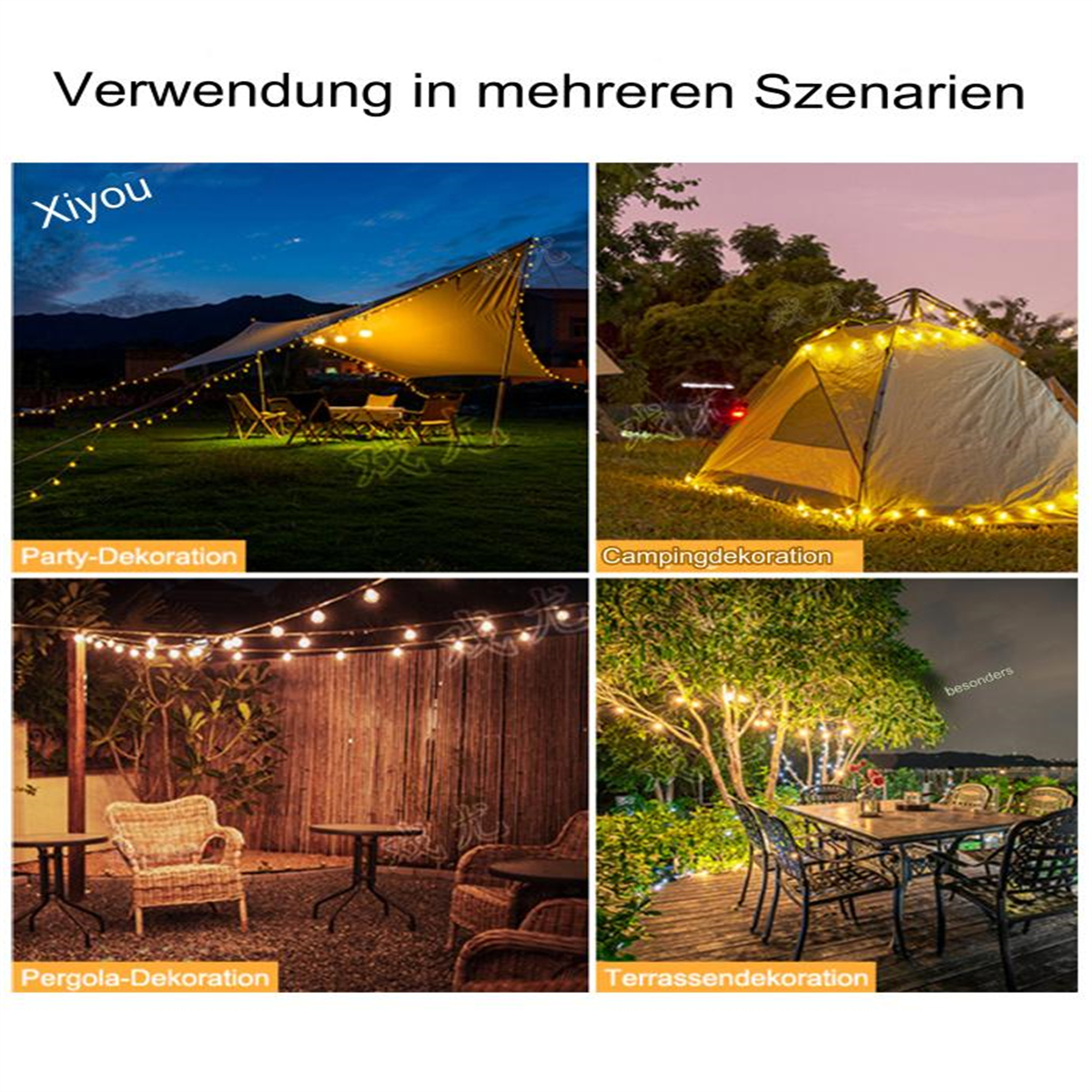 Vier Bilder von Außenszenen mit Lichterketten: Party-, Camping-, Pergola- und Terrassendekorationen bei Nacht.