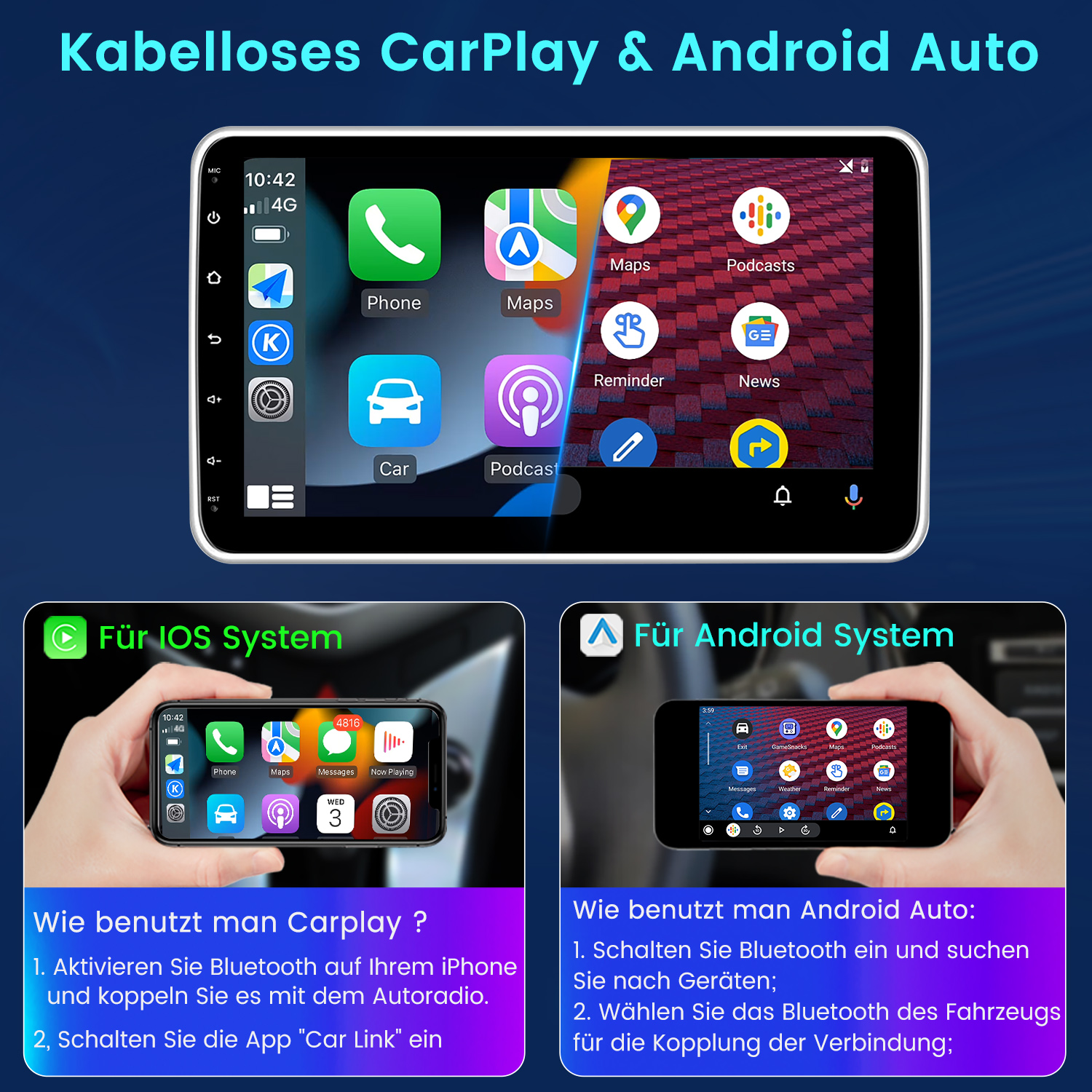 Ekran CarPlay i Android Auto z ekranami telefonów i instrukcjami.