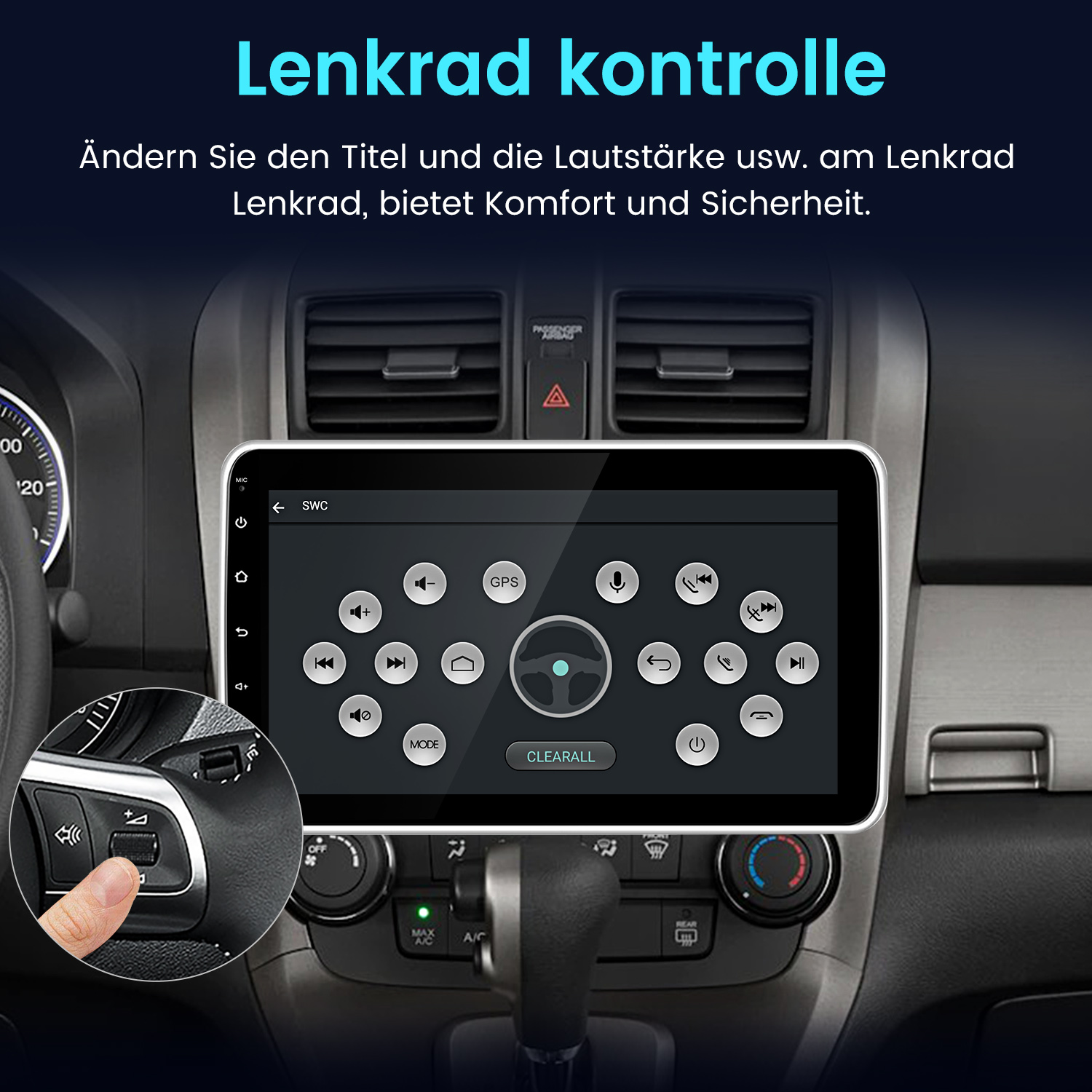 Armaturenbrett mit Touchscreen-Display. Hände bedienen Bedienelemente. Grauer Innenraum.