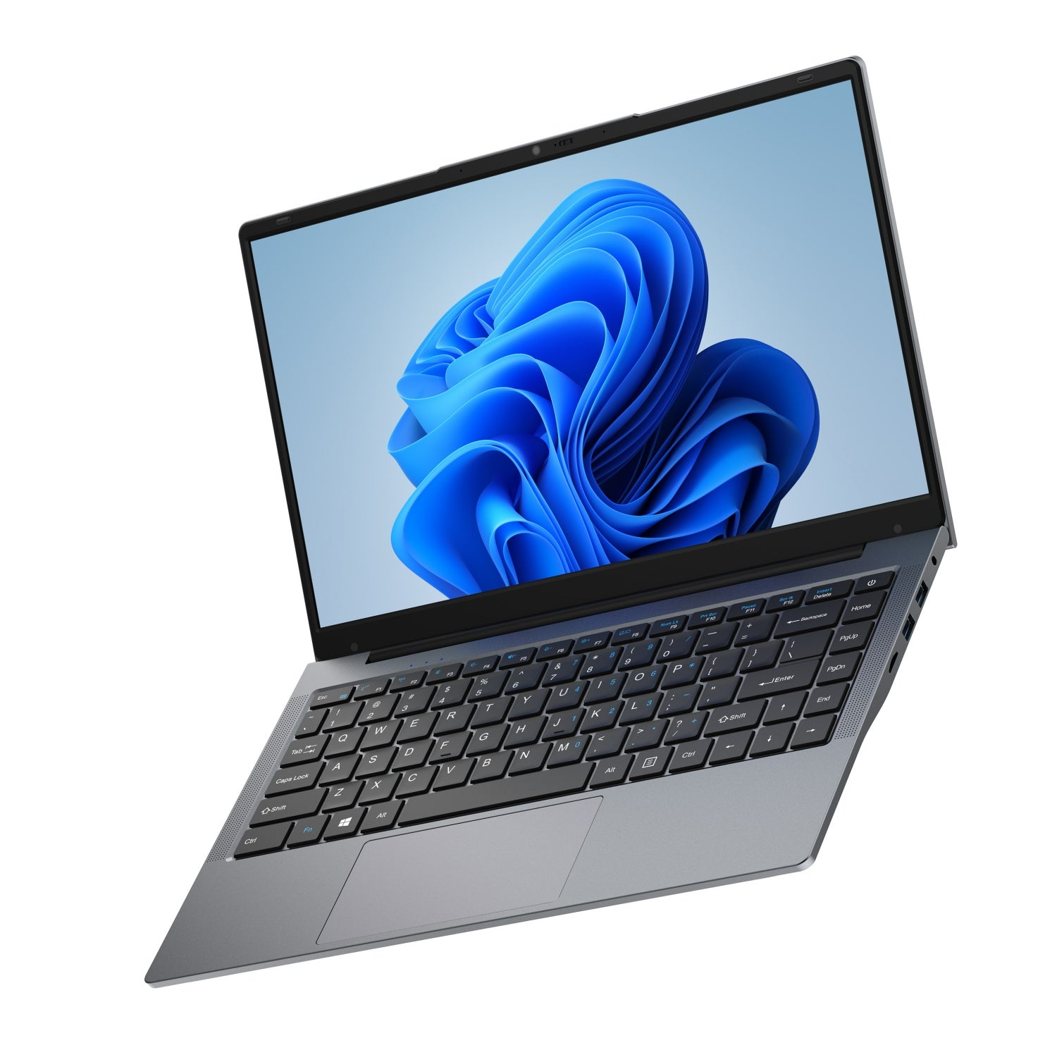Ordenador portátil plateado con pantalla azul, teclado y panel táctil visibles.