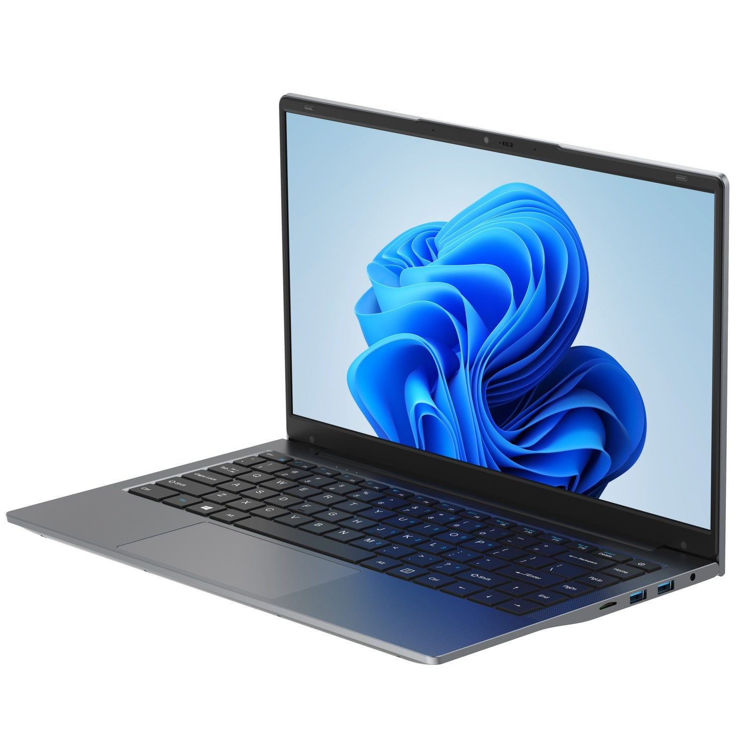 Un portátil con un fondo de pantalla azul de Windows. El portátil está abierto sobre una mesa.