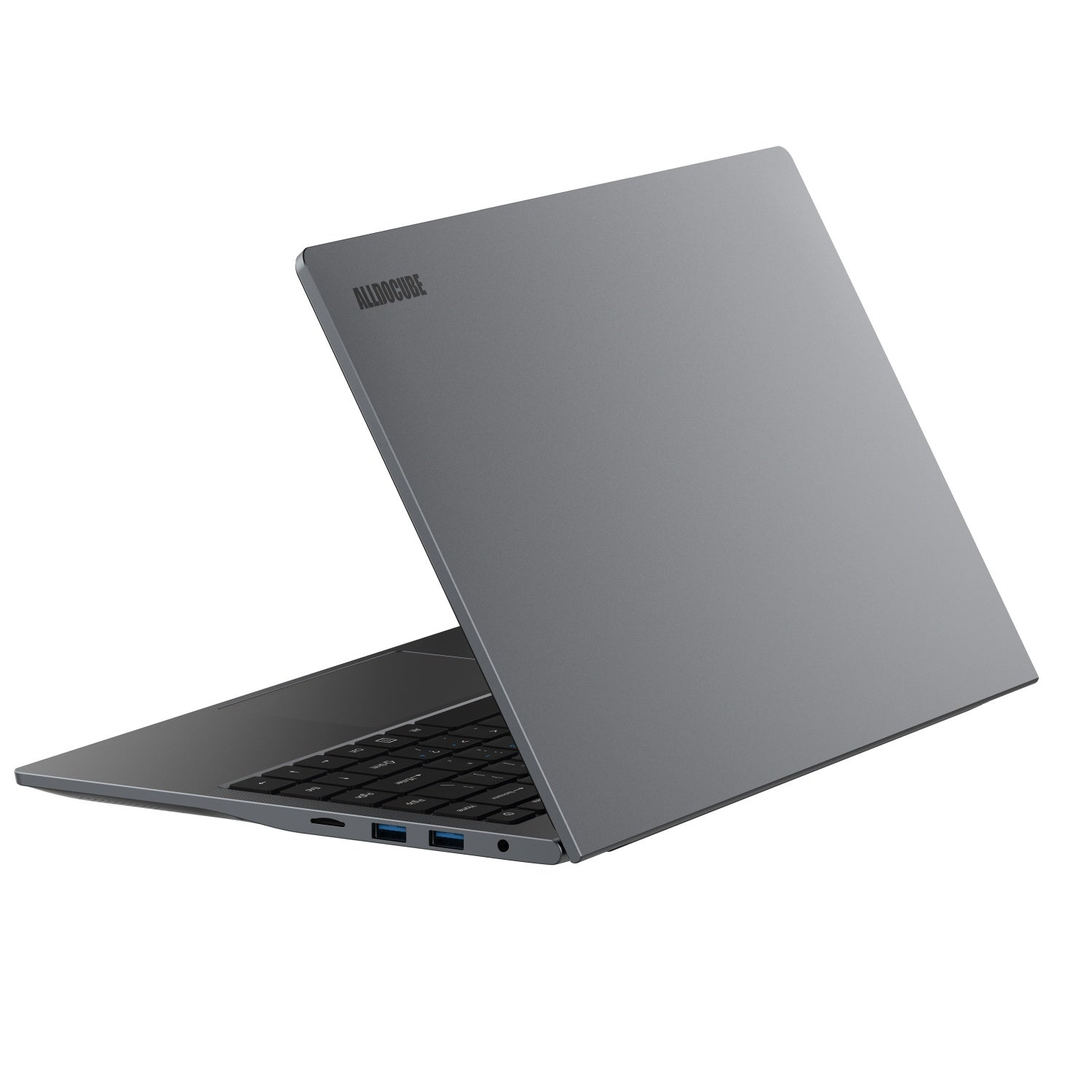 Laptop gris desde arriba, abierto, mostrando teclado y pantalla. La marca ALLDOCUBE está en la cubierta.