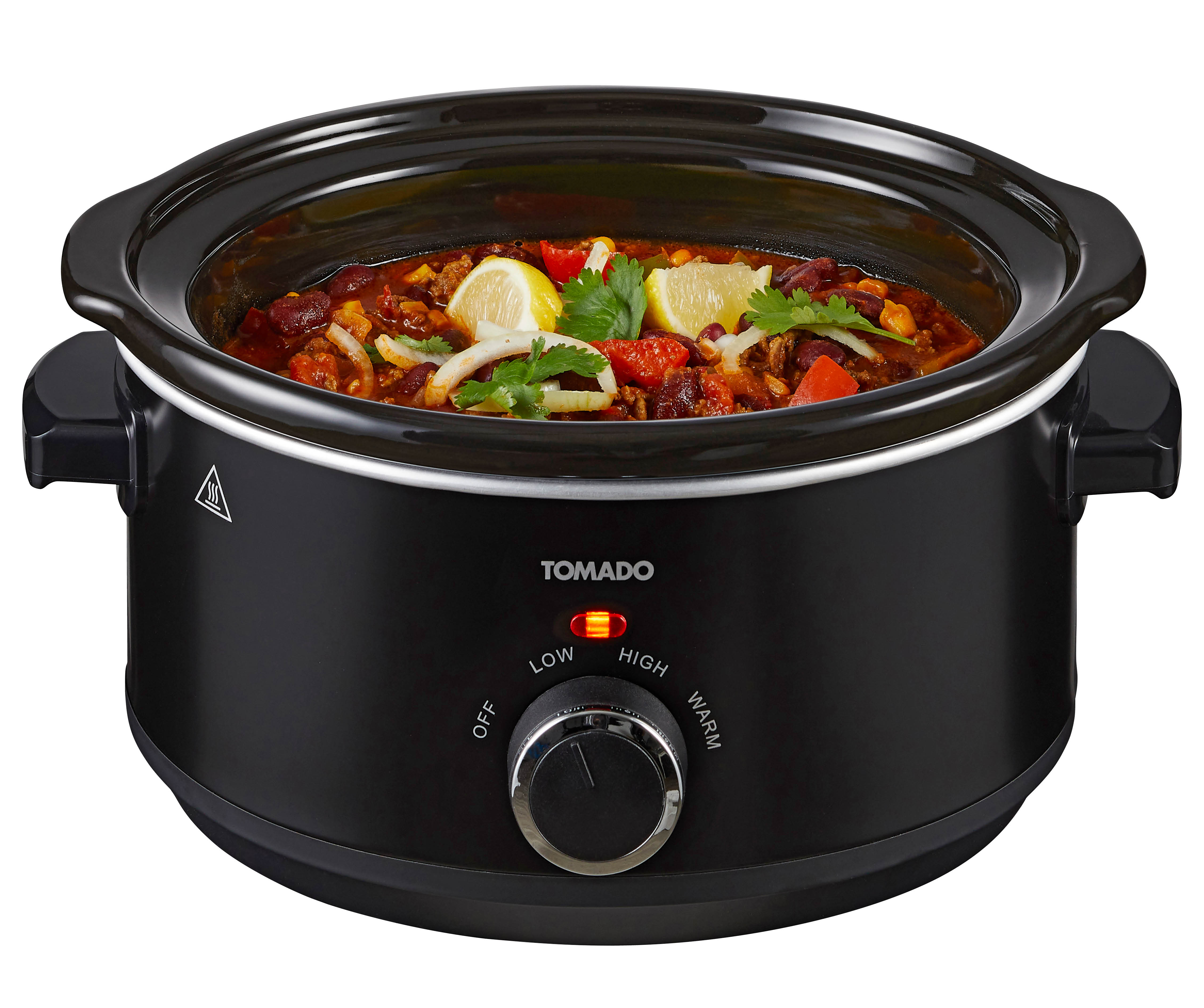 Black slow cooker filled with food, with the label TOMADO.