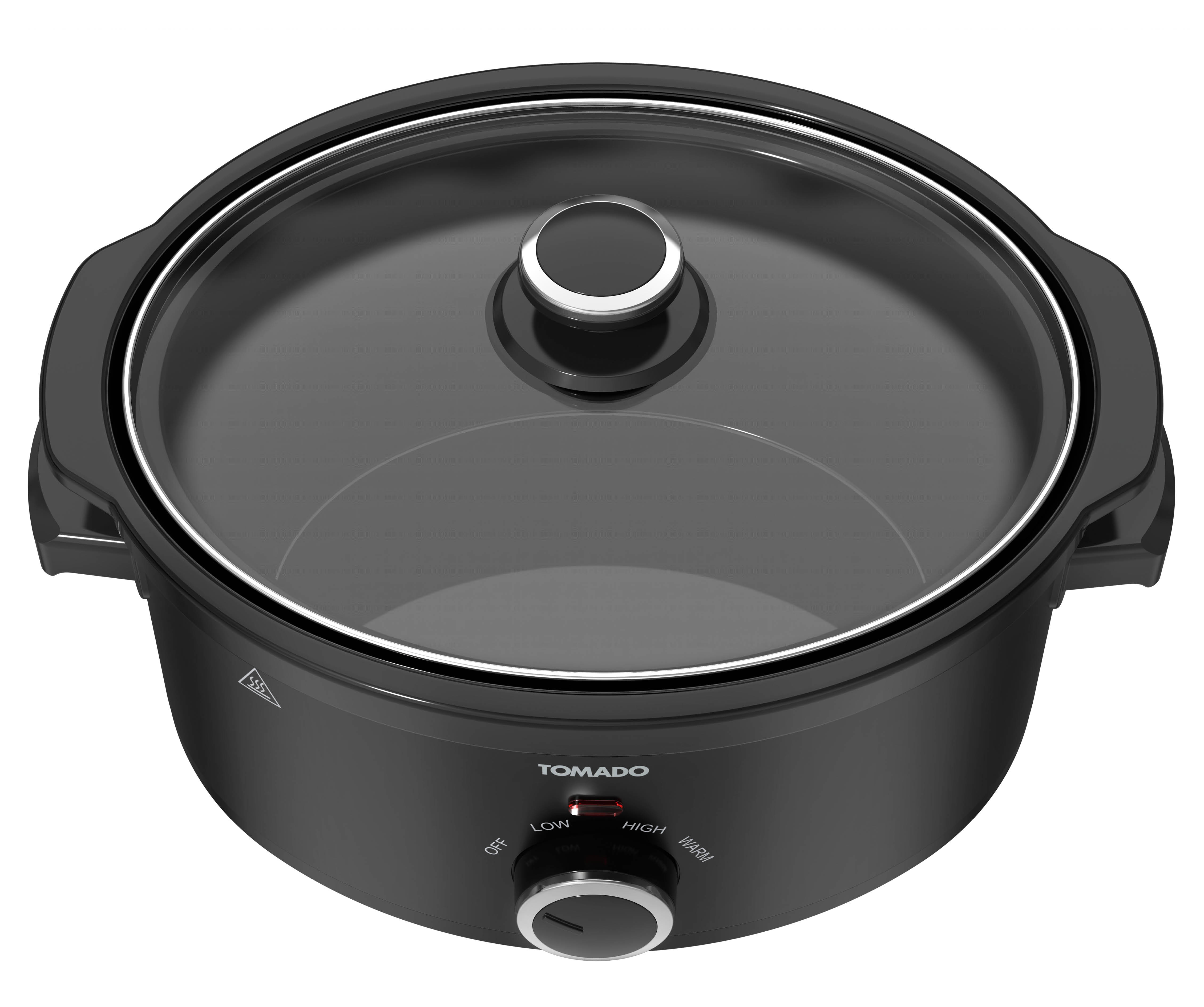 Black slow cooker with a glass lid and a control dial.