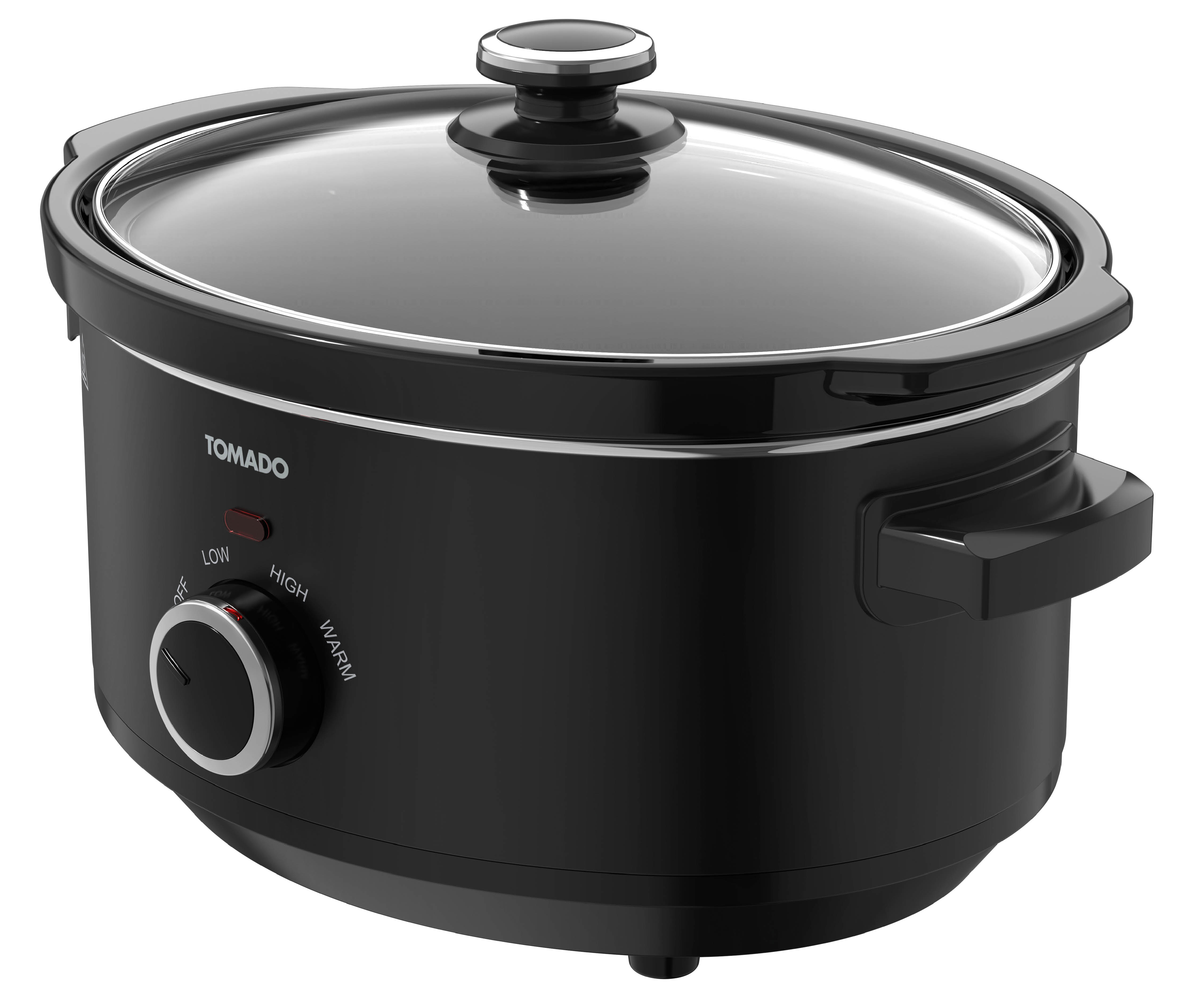 Black slow cooker with a glass lid and a control dial. The brand is Tomado.