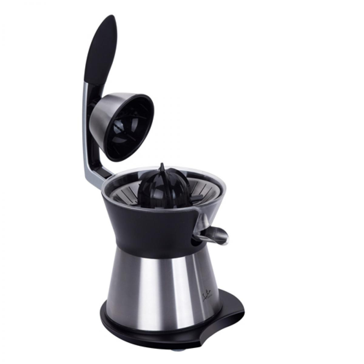 Exprimidor de cítricos de acero inoxidable con tapa y mango negros, aislado en blanco.