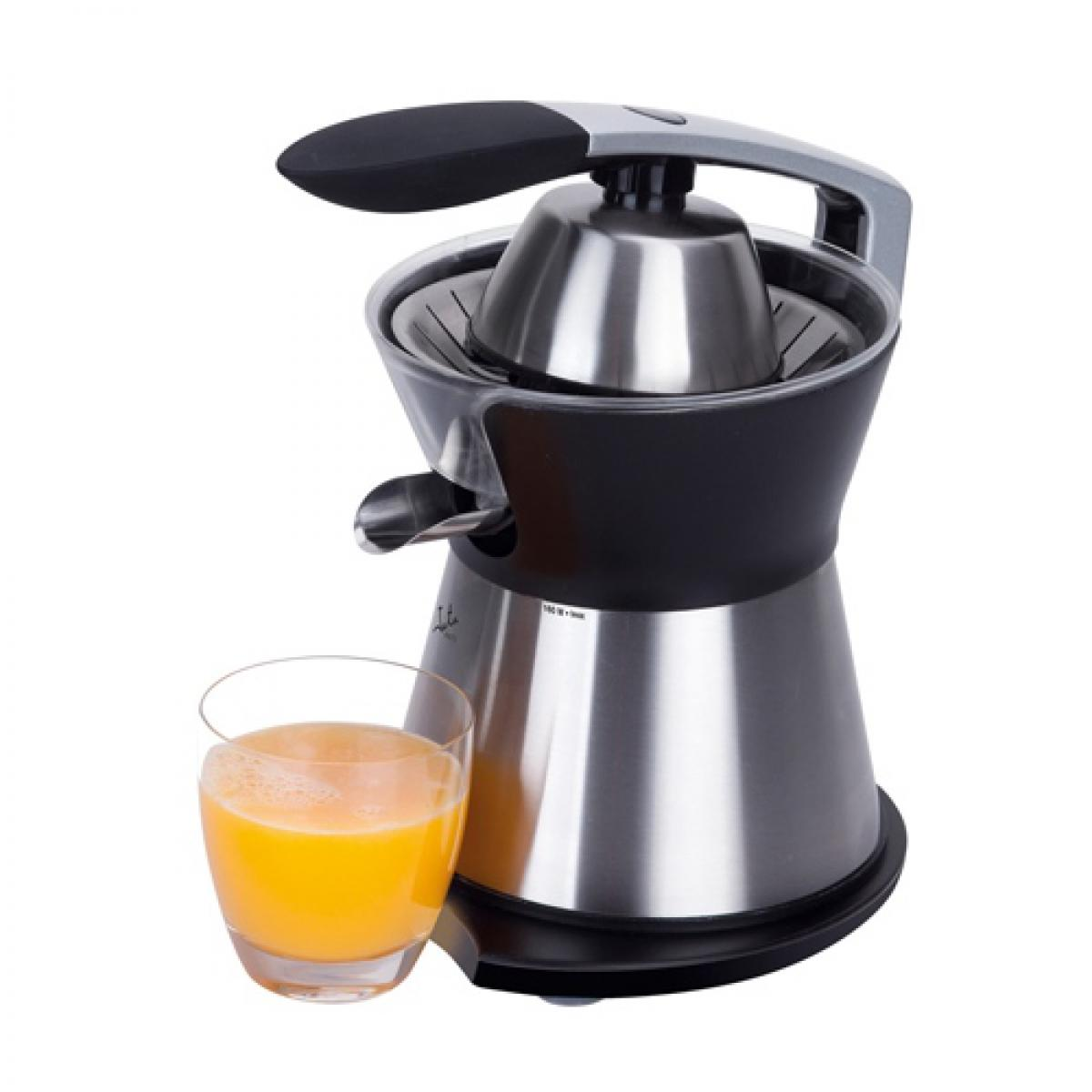 Exprimidor de naranja con un vaso de zumo. El exprimidor es plateado y negro.