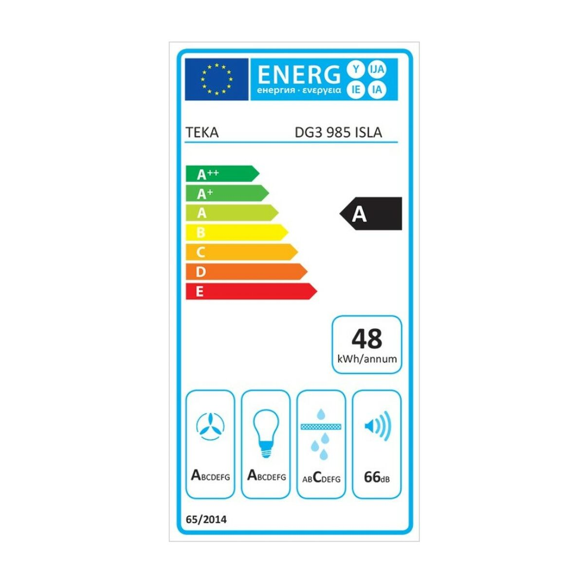Una etiqueta energética, que muestra la clase de eficiencia energética A para un electrodoméstico Teka DG3 985 Isla.