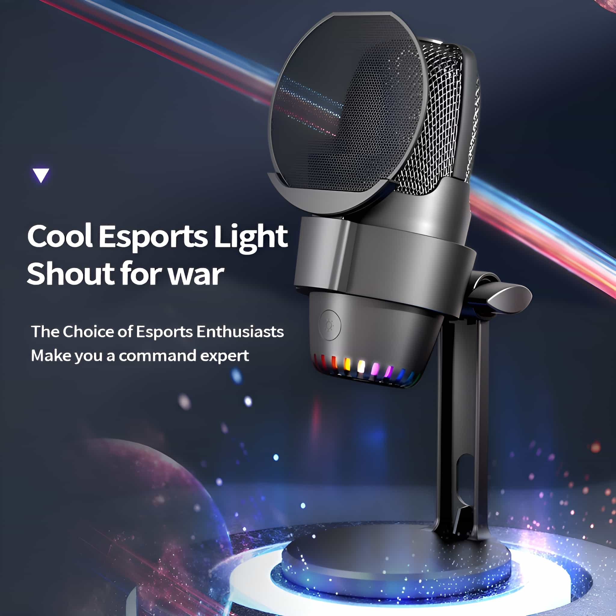 Ein schwarzes Mikrofon mit Lichtern auf einem Ständer, mit Text über E-Sport.