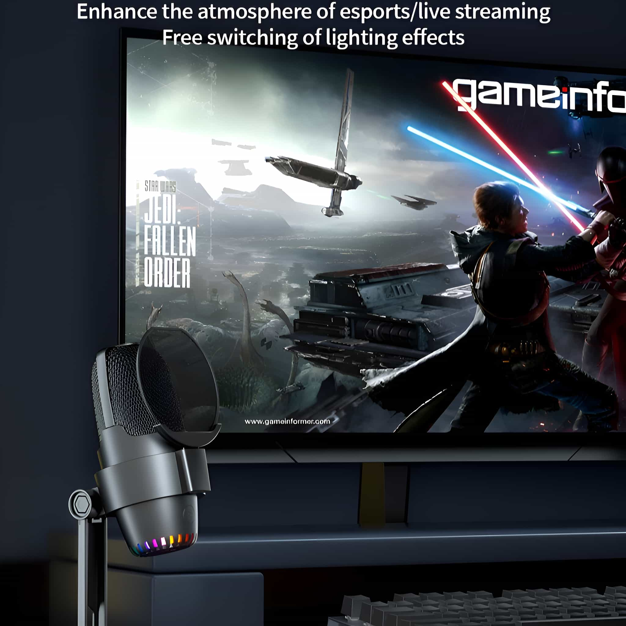 Ein Mikrofon vor einem Bildschirm, der eine Star-Wars-Spielszene zeigt, zur Verbesserung der E-Sport-Atmosphäre.