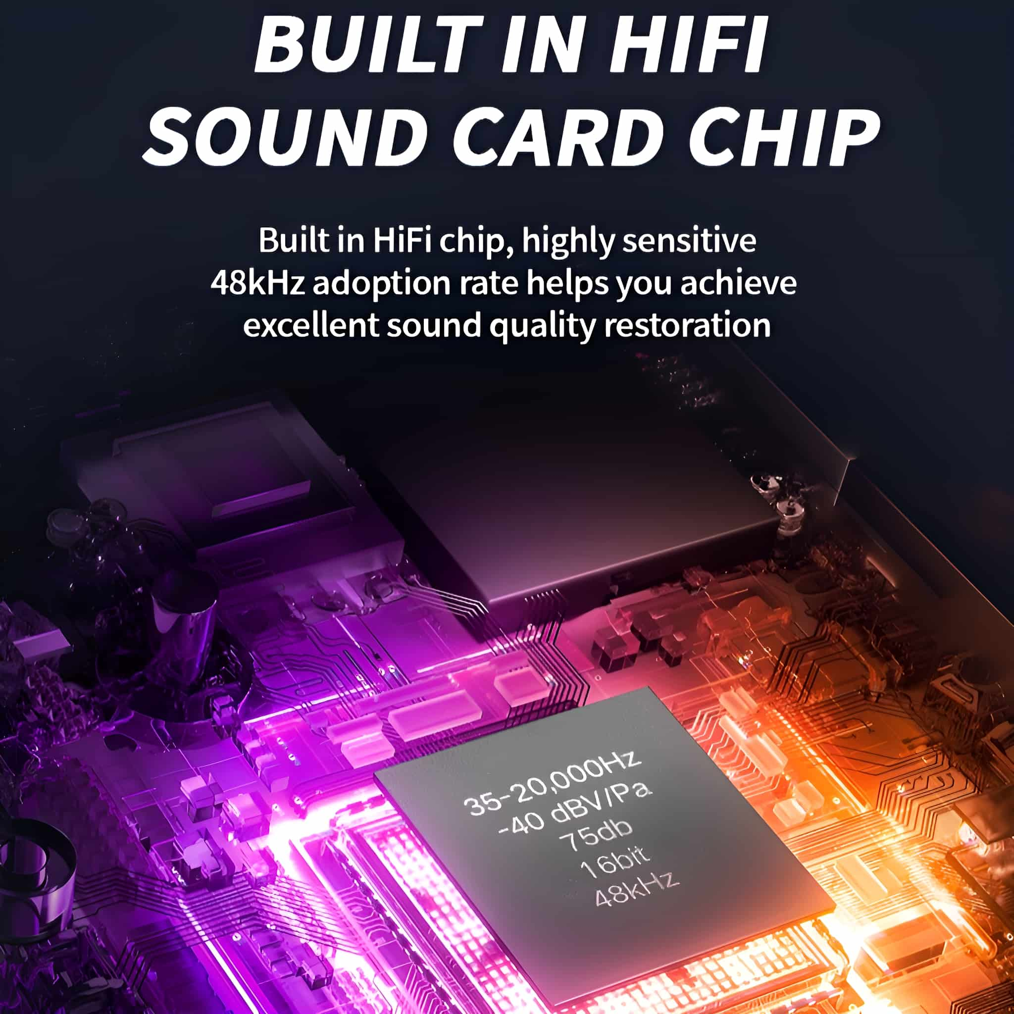 Nahaufnahme einer Platine mit Text über HiFi-Chip, 48 kHz und Spezifikationen. Lila und schwarze Farbtöne.