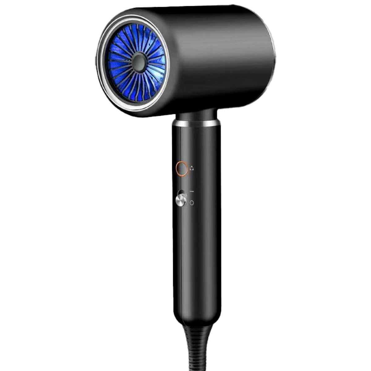 Schwarzer Haartrockner mit blauem Ventilator. Er hat einen schwarzen Griff mit Knöpfen und ein Kabel.