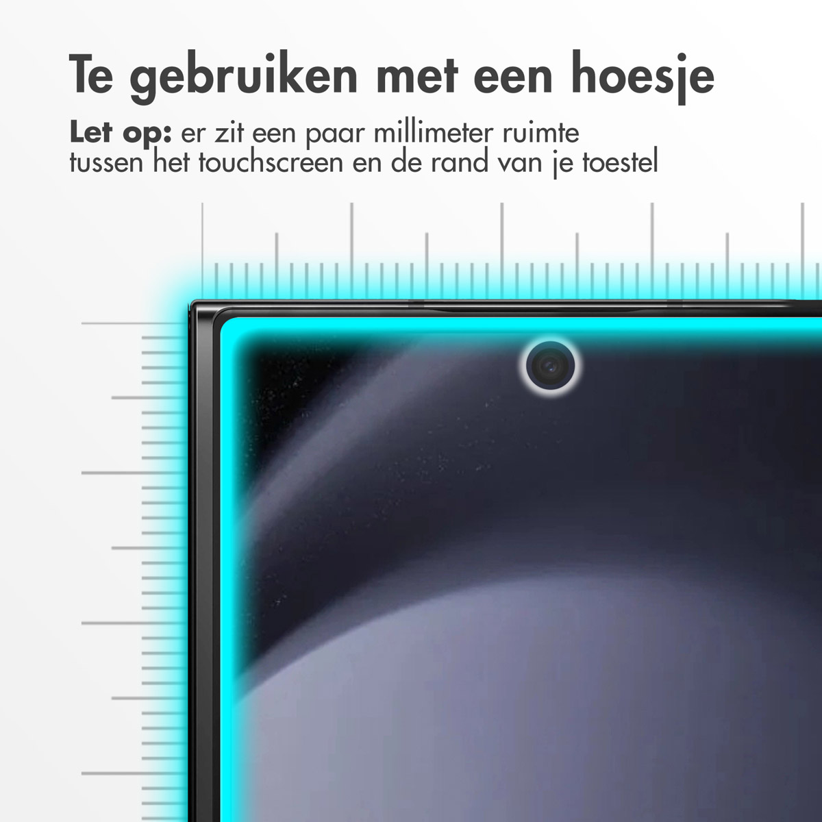 Phone screen protector with a screen, text: 'Te gebruiken met een hoesje'. Blue border.