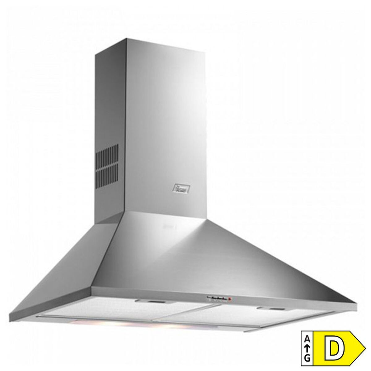 Campana extractora de acero inoxidable. Tiene un diseño inclinado y una sección superior rectangular. Se ve una clasificación energética D.