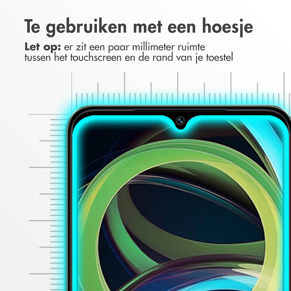 Telefoonscherm met blauwe omtrek, Nederlandse tekst. Toont een groen patroon.