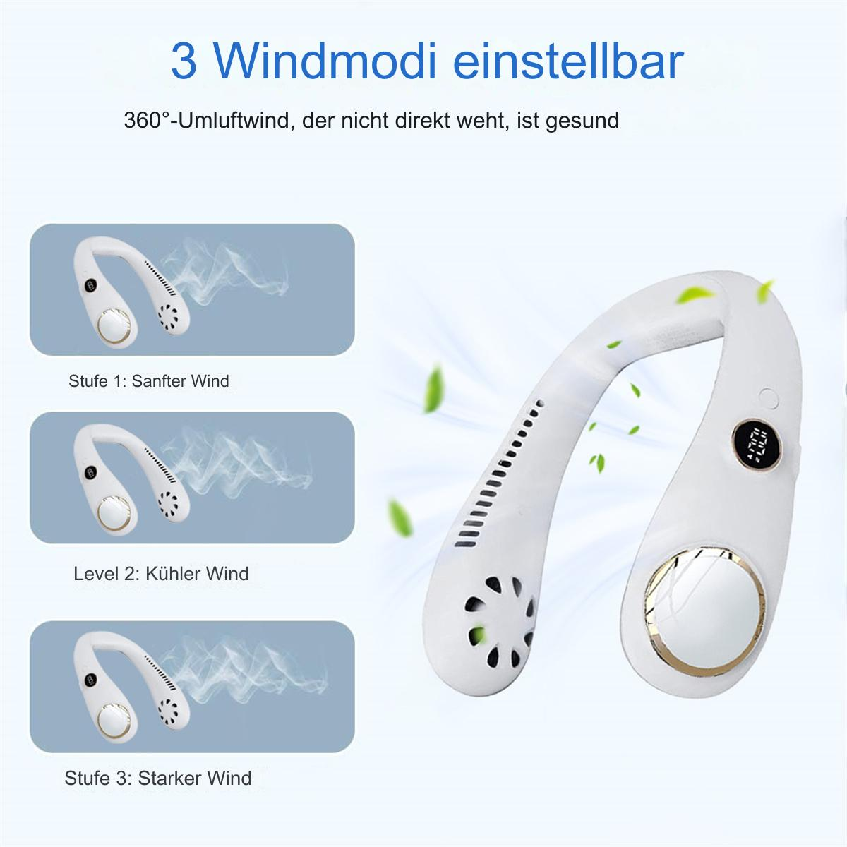 Nackenventilator mit drei Windstärken. Er ist weiß und hat kleine Diagramme der Einstellungen.