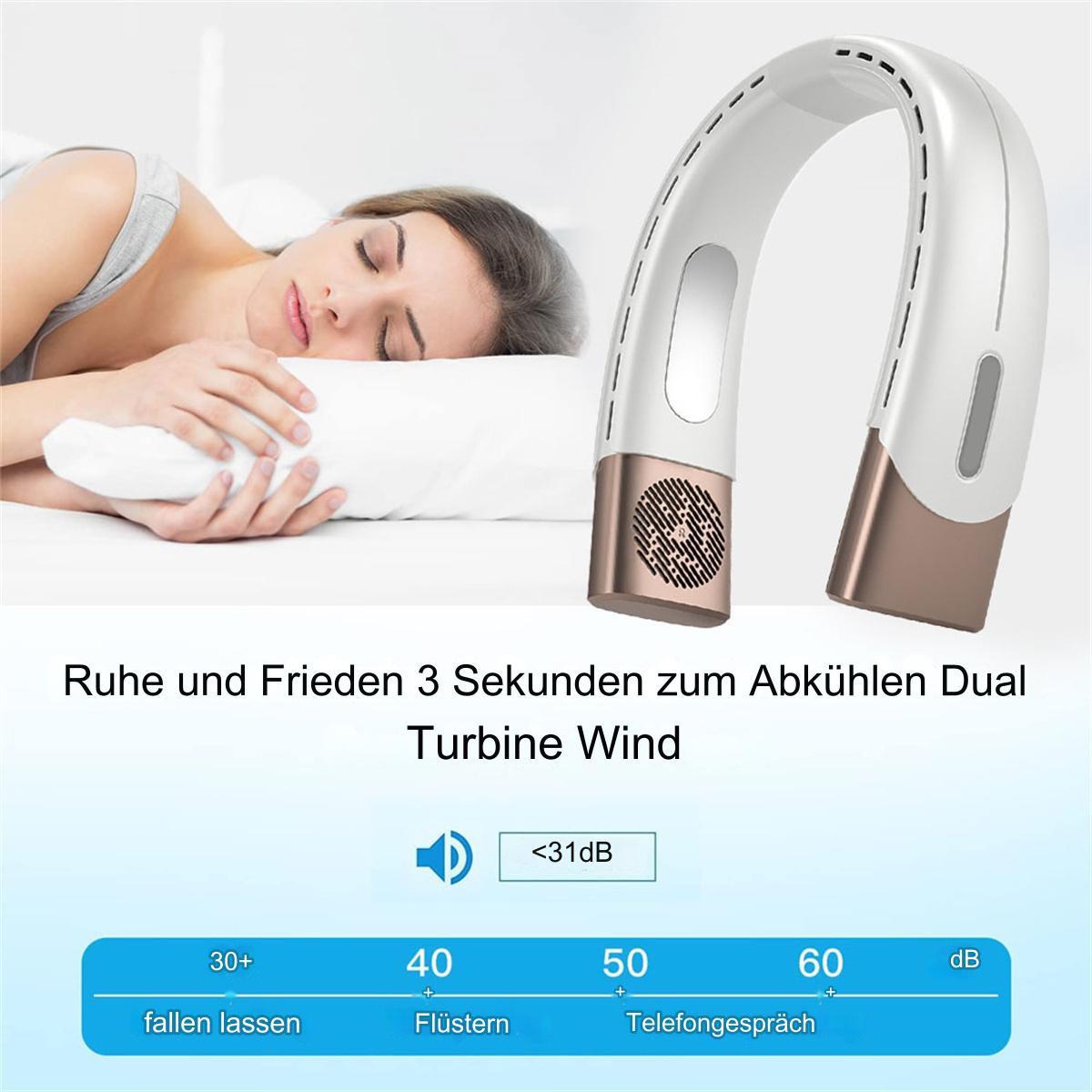 Eine Frau ruht sich mit einem weißen Nackenventilator aus, am unteren Rand eine Dezibeltabelle.