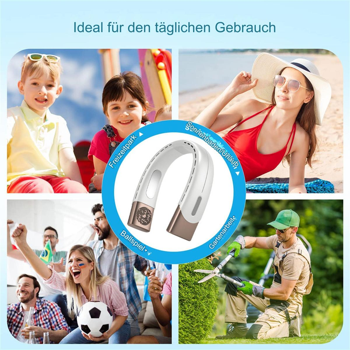 Collage mit Menschen und einem Nackenventilator. Enthält Szenen von Kindern, Sonnenbaden, Sport und Gartenarbeit.
