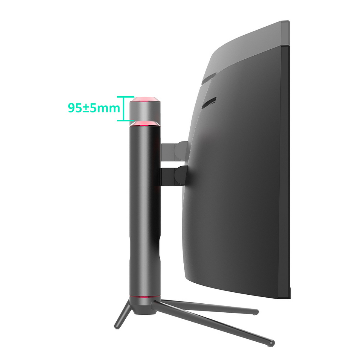 Widok z boku zakrzywionego czarnego monitora ze stojakiem. Stojak jest czarny z czerwonym akcentem.