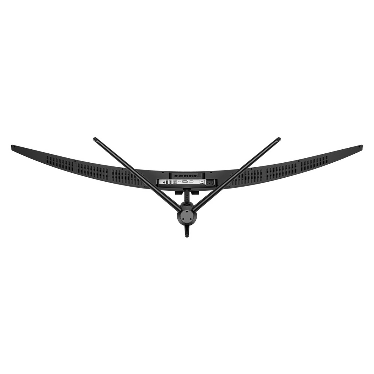 Tył zakrzywionego monitora ze stojakiem i kilkoma portami.