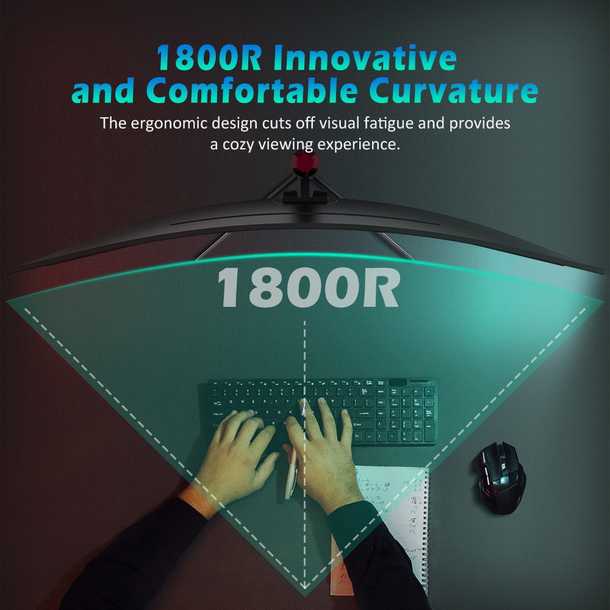 Hände auf Tastatur mit gebogenem Monitor.
