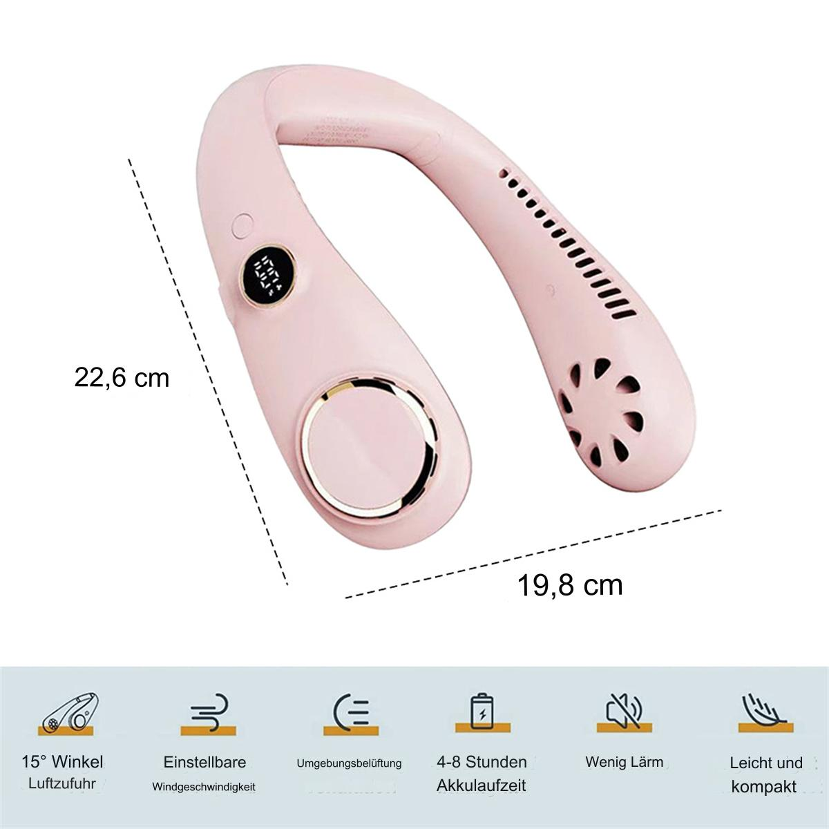 Halsventilator in Rosa mit Maßangaben und Icons für Funktionen wie Geschwindigkeit und Akku.