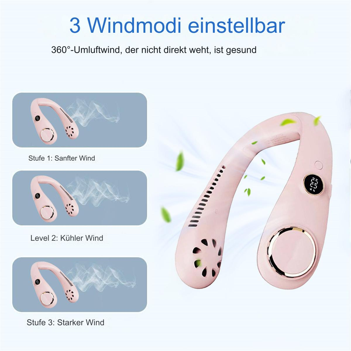 Ein rosa Nackenventilator mit 3-stufiger Windmodusanzeige, mit grünen Blättern.