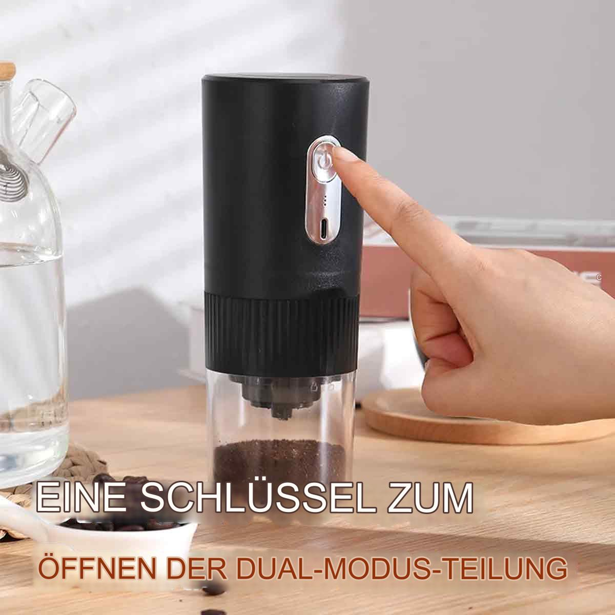 Eine schwarze Kaffeemühle mit einem Finger, der einen Knopf drückt, mit Text im Bild.