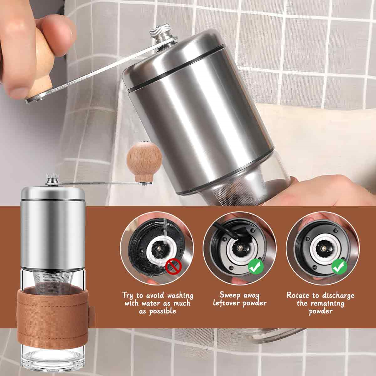 Kaffeemühle mit Gebrauchsanweisung. Waschen vermeiden, Pulver fegen und drehen zum Entleeren.