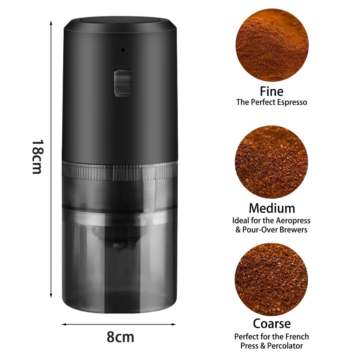 Schwarze Kaffeemühle mit Maßen und verschiedenen Mahlgraden.