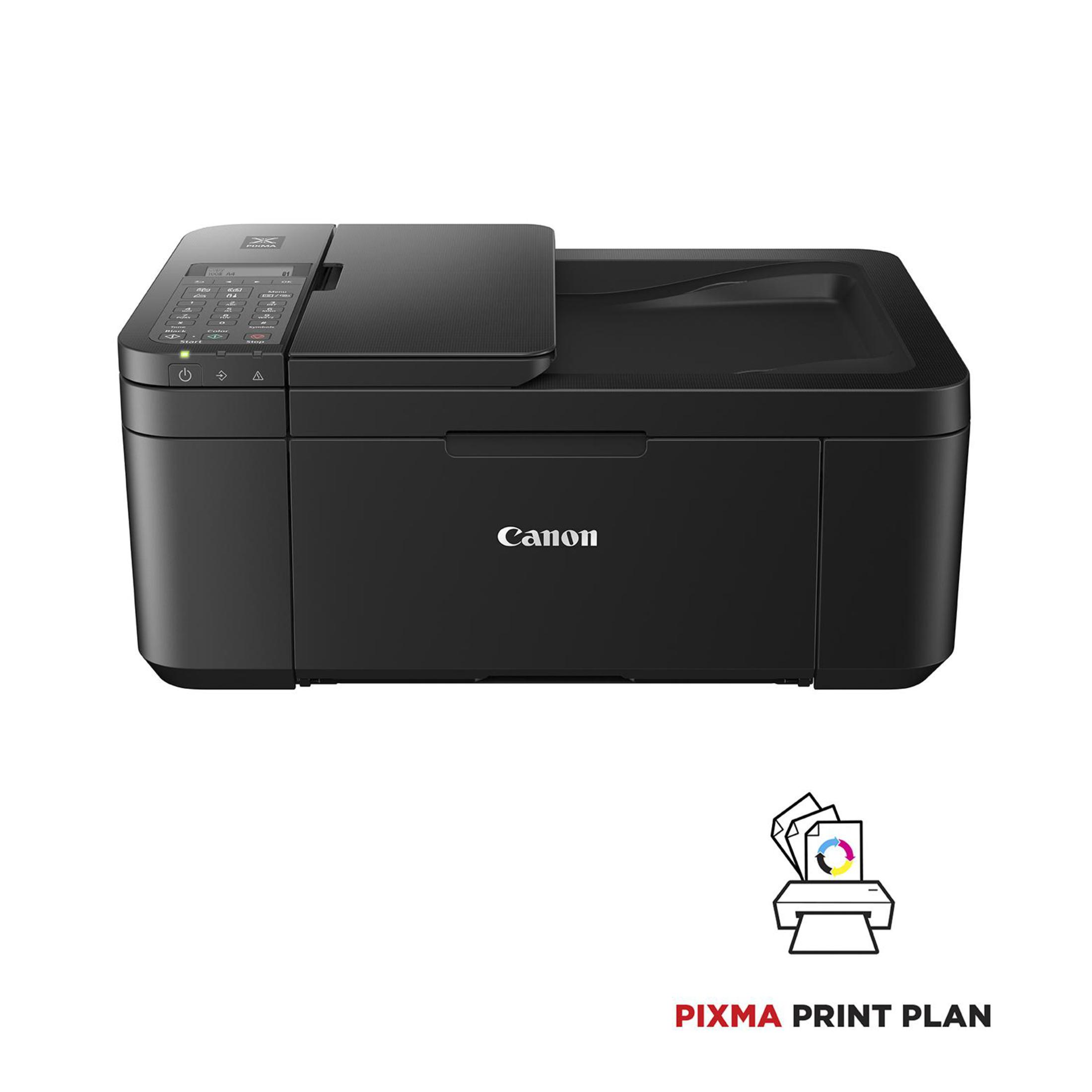 Stampante Canon nera. Un'icona della stampante e il testo 'PIXMA PRINT PLAN' in basso.