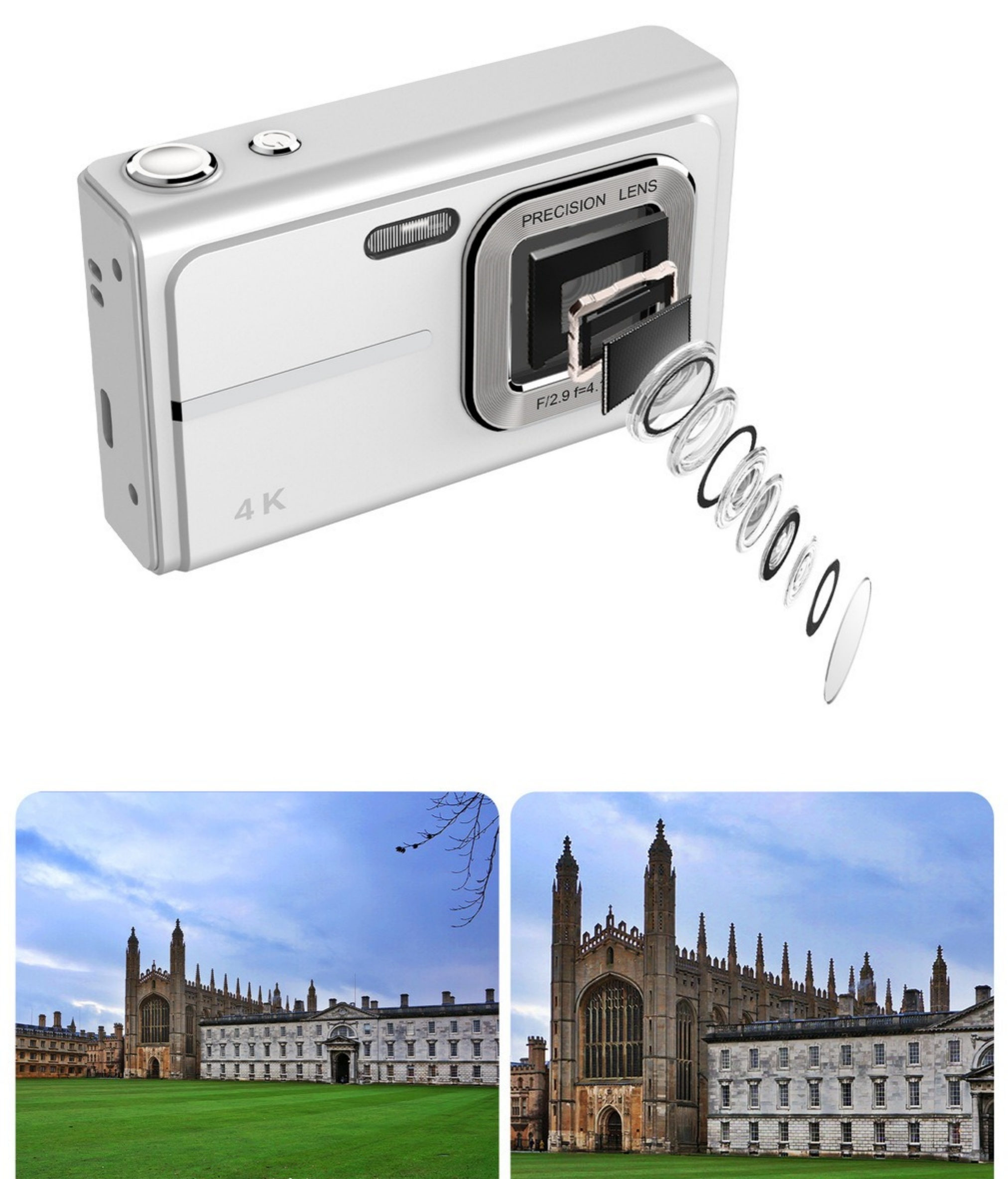 Eine weiße Digitalkamera mit Linsendetails. Darunter Bilder eines Gebäudes und einer grünen Wiese.