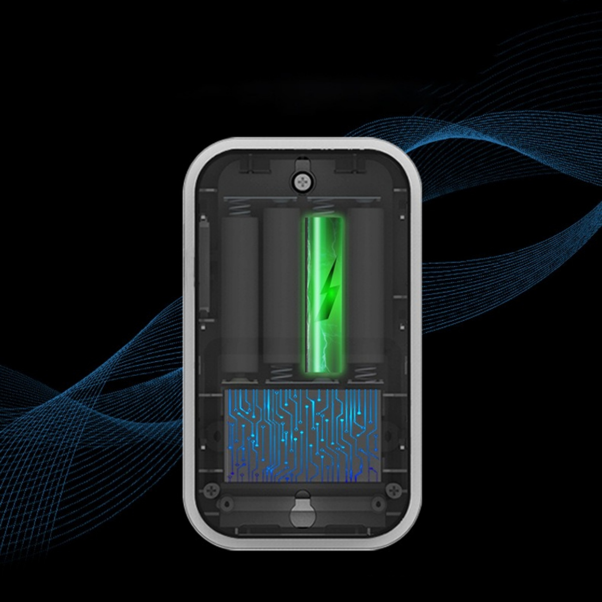Ein transparentes Gerät mit internen Komponenten, darunter Batterien und ein grüner Blitz.