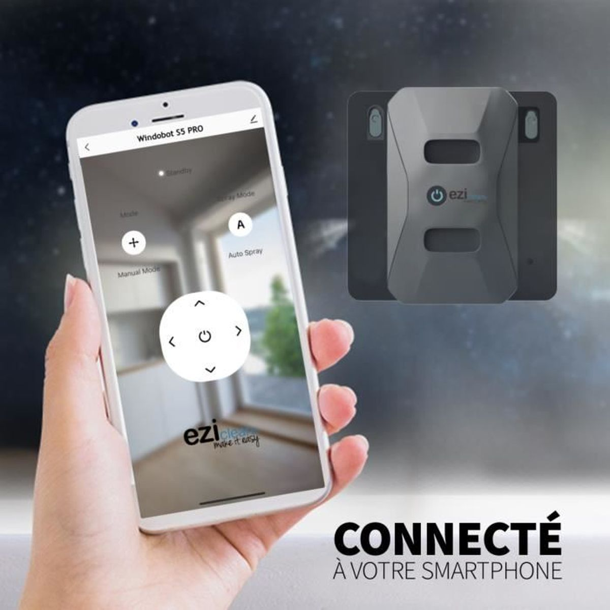 Dłoń trzymająca telefon sterujący robotem do czyszczenia okien.