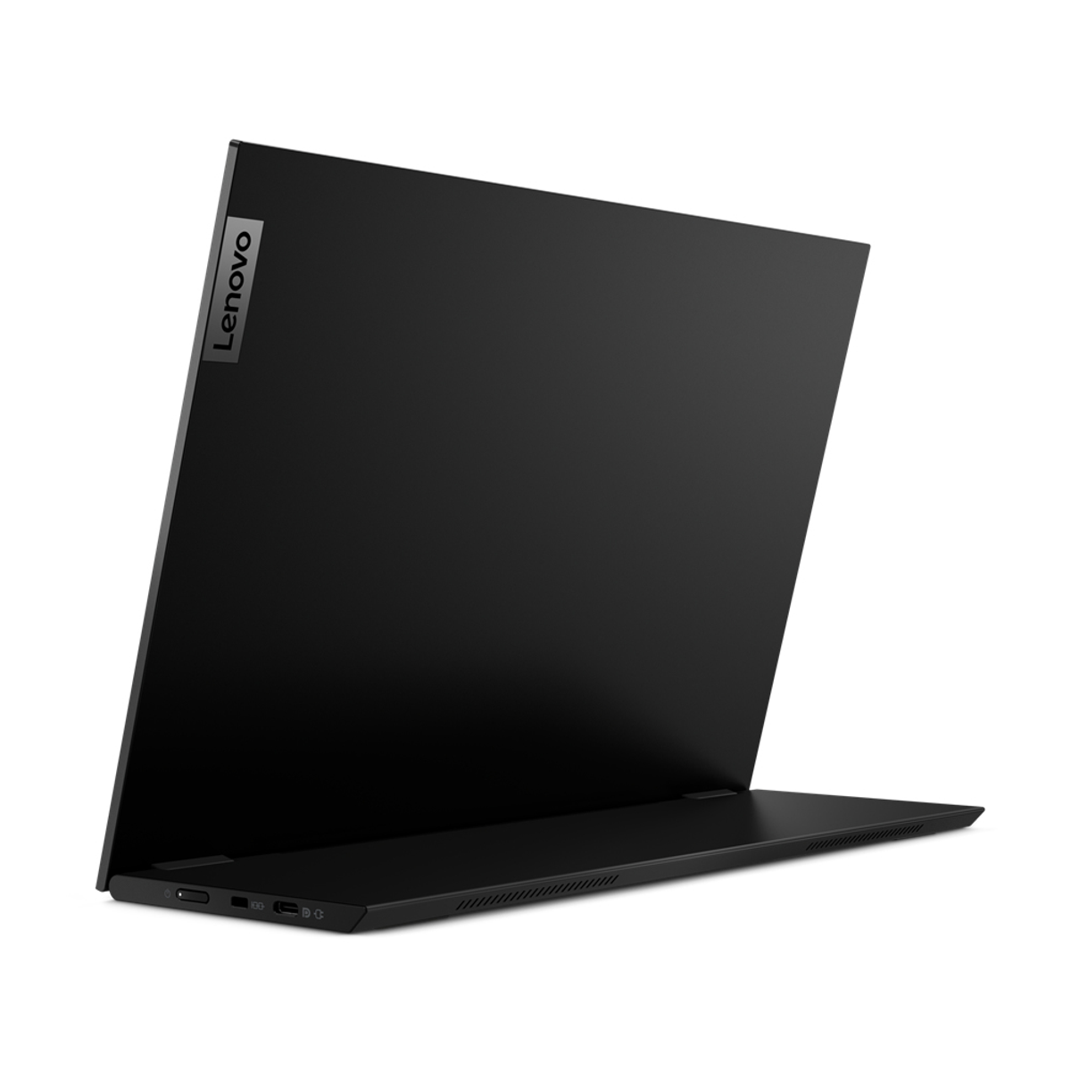 Una laptop Lenovo negra, parcialmente abierta, mostrando el logo de Lenovo.