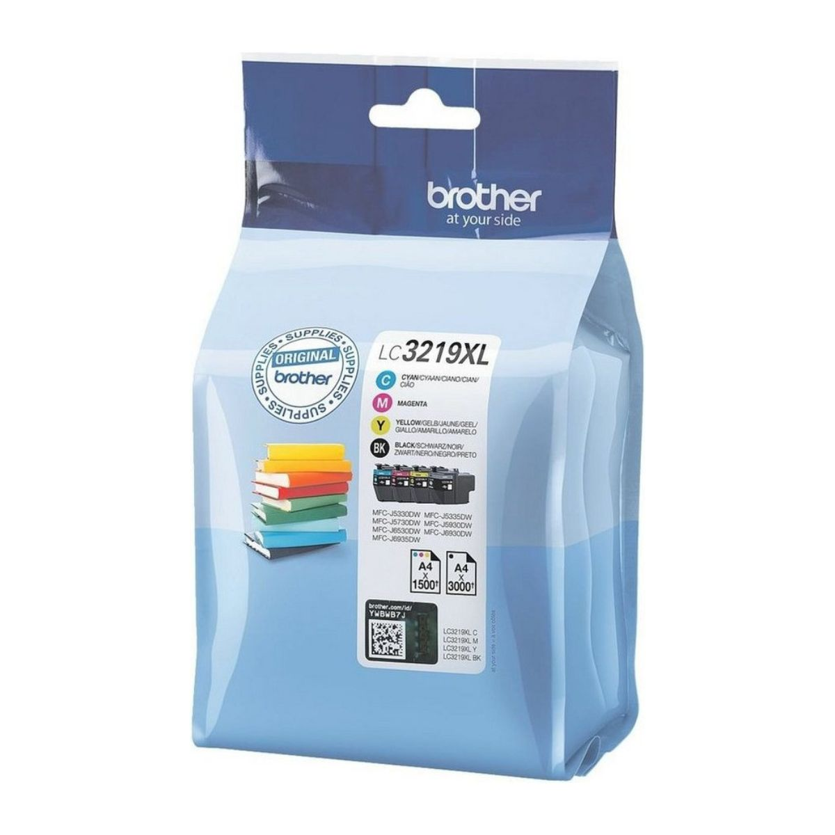 Opakowanie wkładów atramentowych Brother z różnokolorowymi wkładami i stos książek.