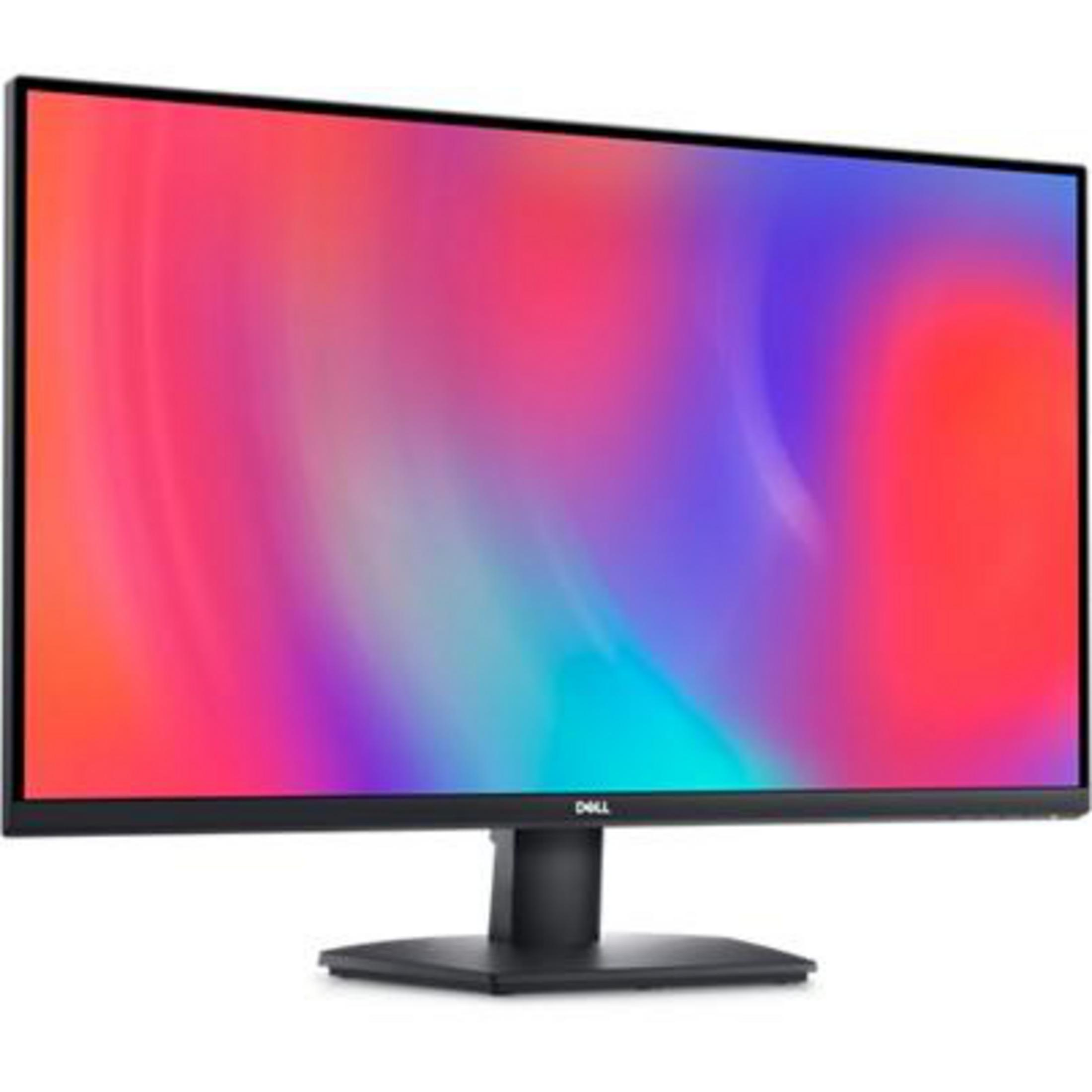 Ein großer Computermonitor mit Farbverlauf, schwarzem Rahmen und Ständer.
