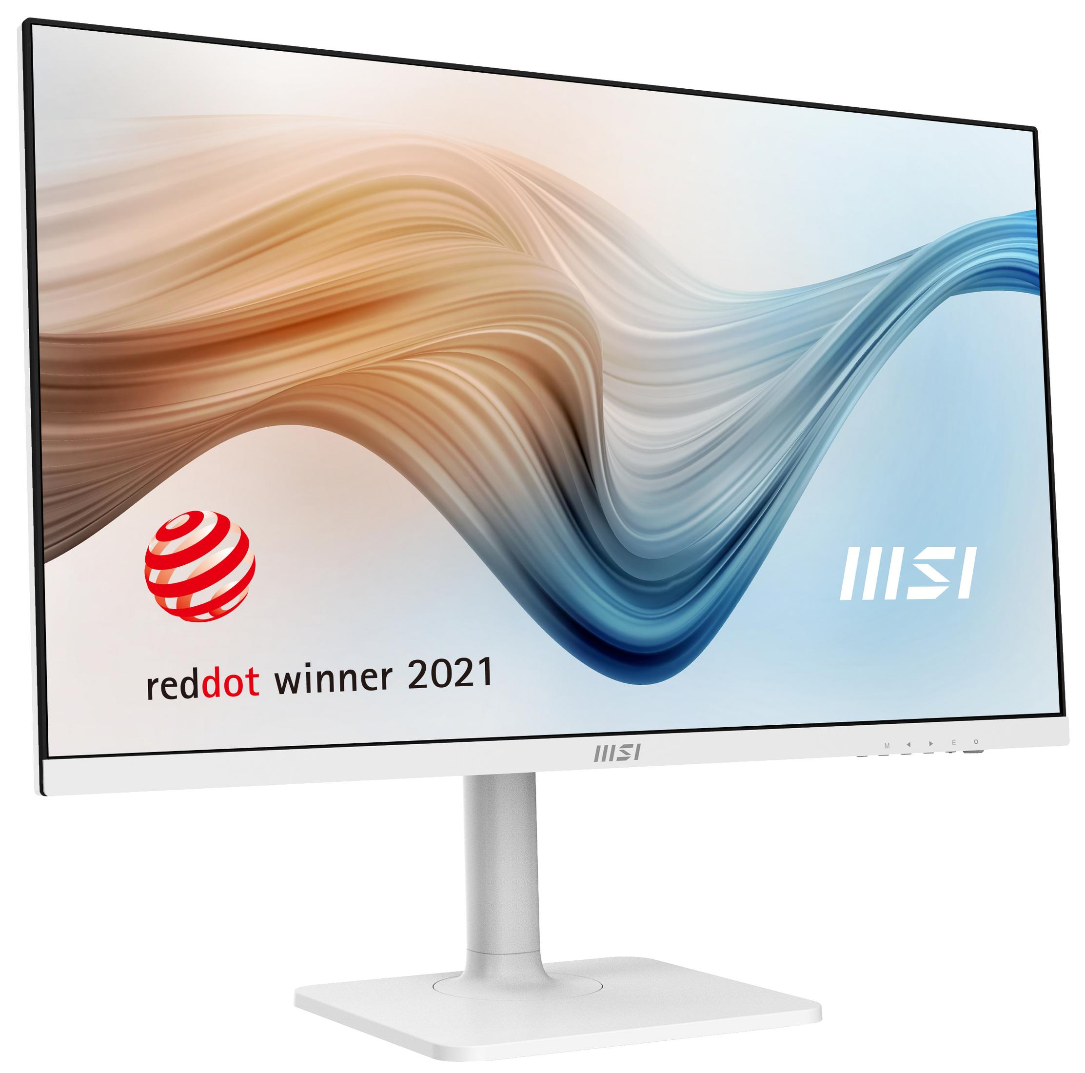 Weißer Computermonitor mit geschwungenem Design. Der Monitor zeigt ein farbenfrohes abstraktes Bild.