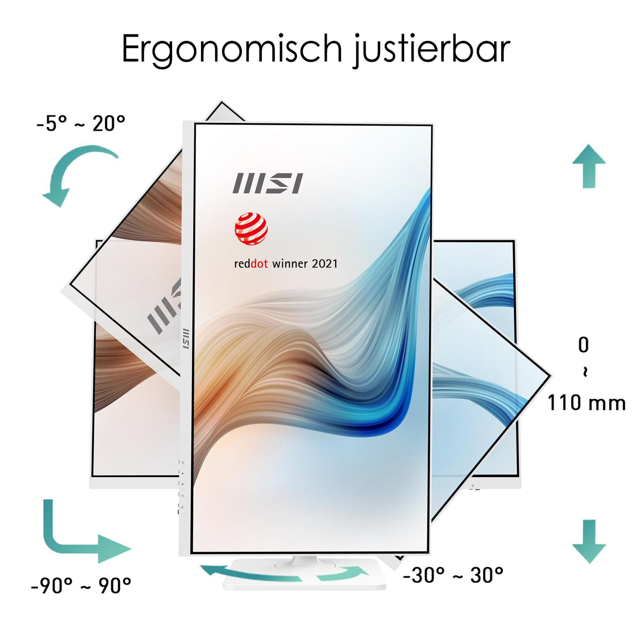 Ein Monitor zeigt einen Red Dot Gewinner. Text zeigt verstellbare Winkel. Pfeile zeigen auf Positionen.