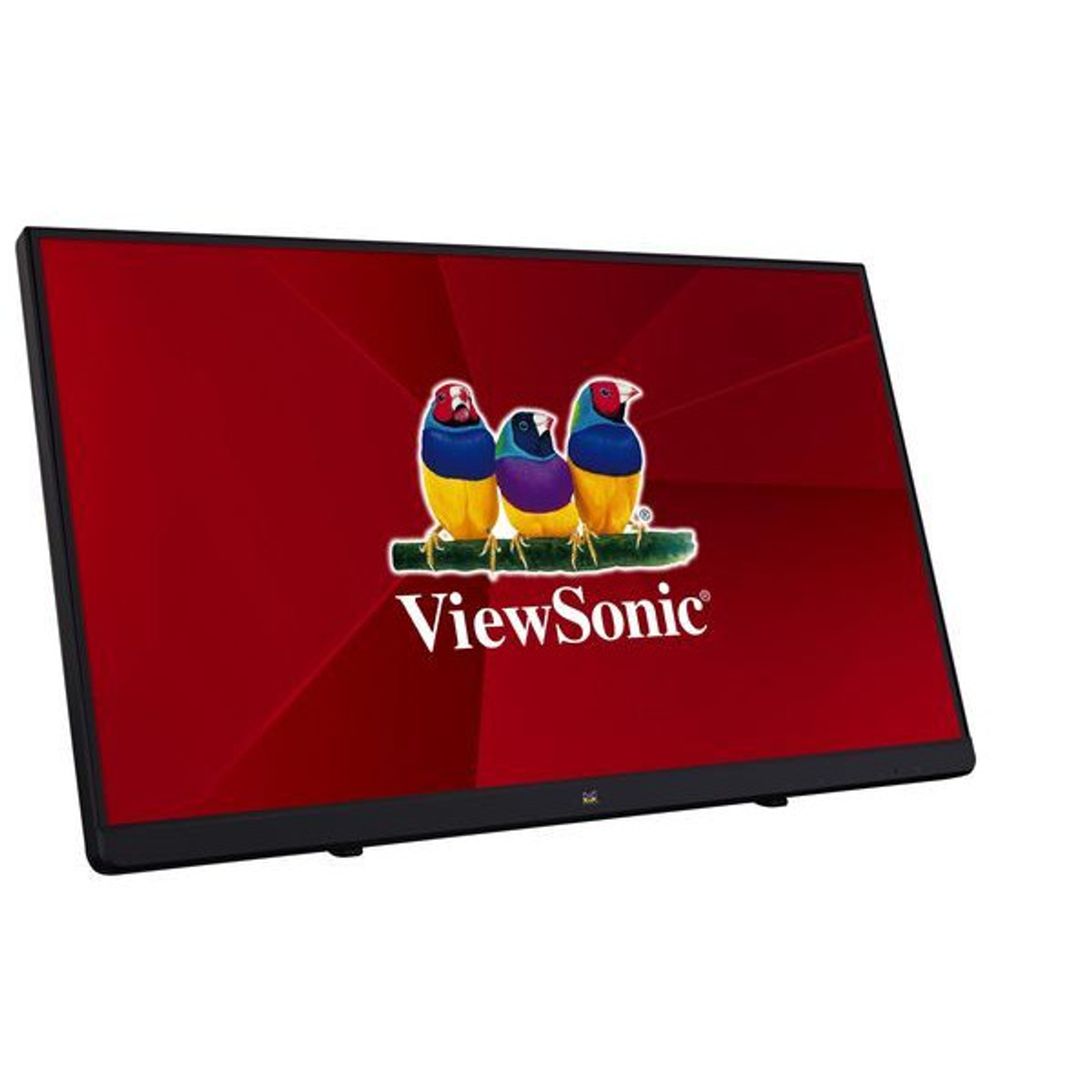 ViewSonic-Monitor. Roter Hintergrund mit Logo von drei Vögeln und schwarzem Rahmen.