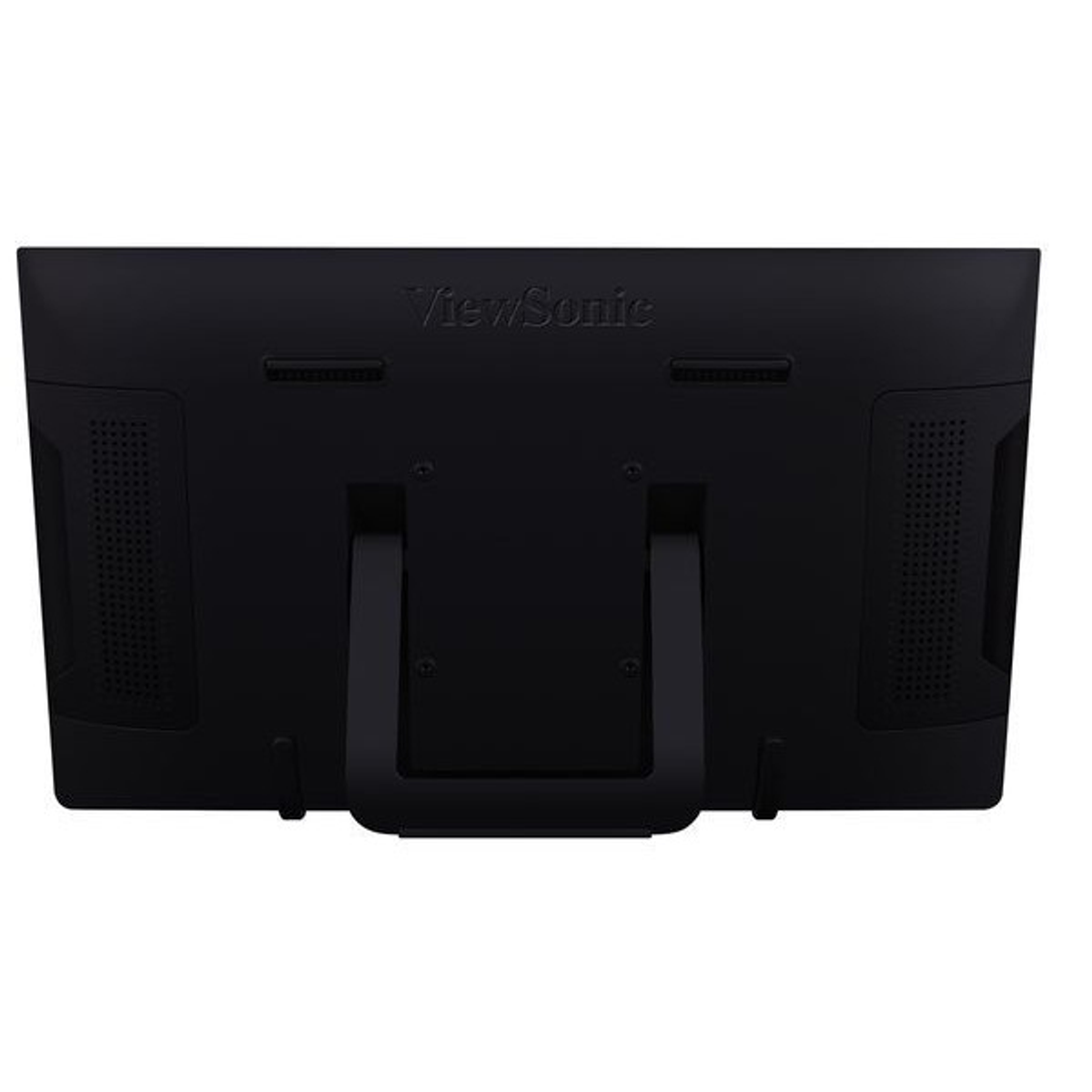 Die Rückseite eines ViewSonic-Monitors. Er ist schwarz mit einem schwarzen Ständer.