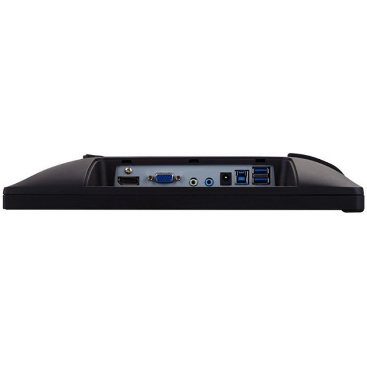 Rückseite eines schwarzen Monitors mit Anschlüssen. HDMI, USB und andere Anschlüsse sind sichtbar.