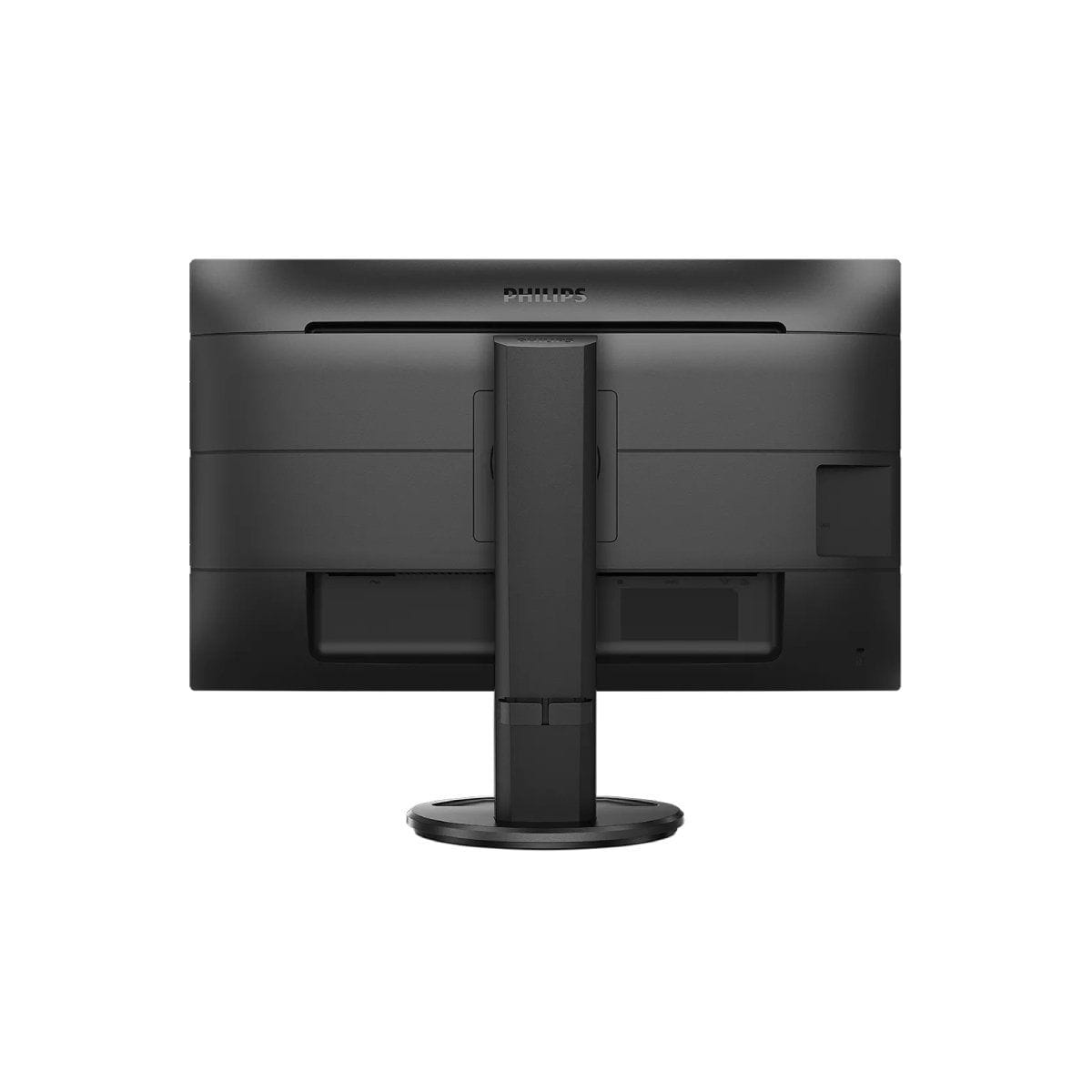 Tył czarnego monitora komputera ze stojakiem.