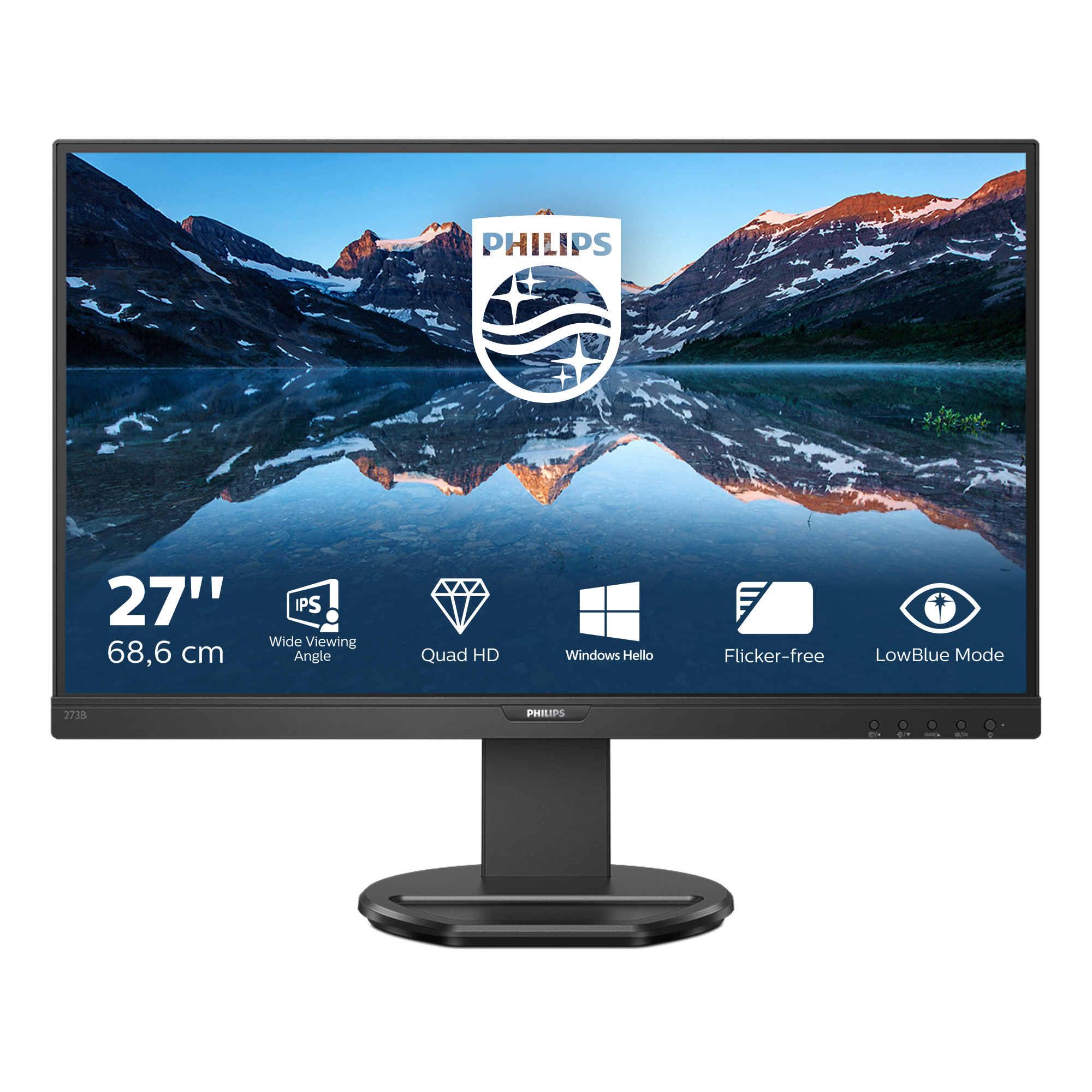 Monitor komputera wyświetlający krajobraz z jeziorem. Logo Philips u góry.