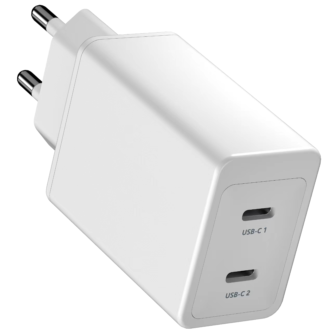 Weißes Dual-USB-C-Ladegerät. Es hat zwei USB-C-Anschlüsse mit der Bezeichnung USB-C 1 und USB-C 2.