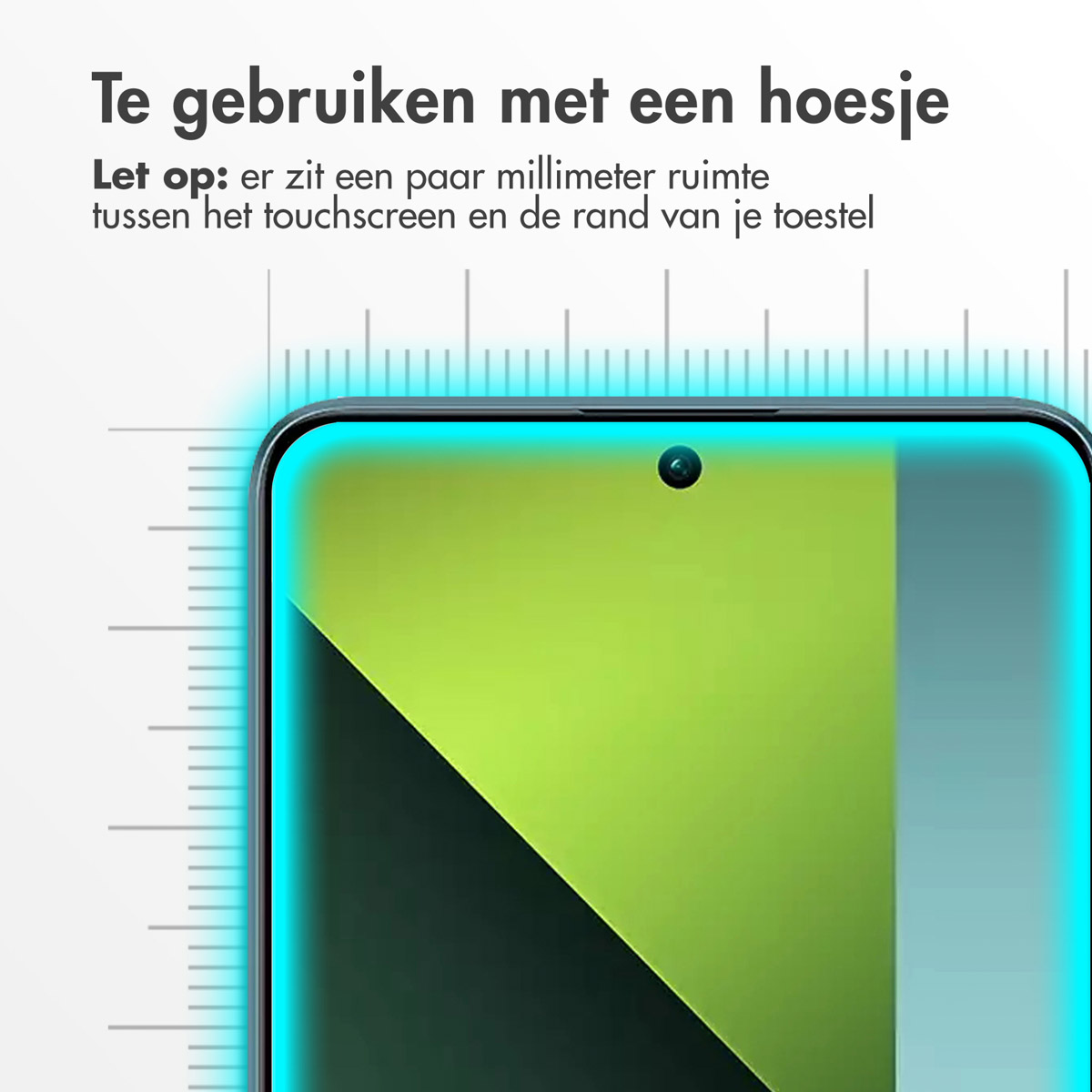 Telefoonscherm met hoesje. Een liniaal toont een kleine opening. Het scherm is groen.