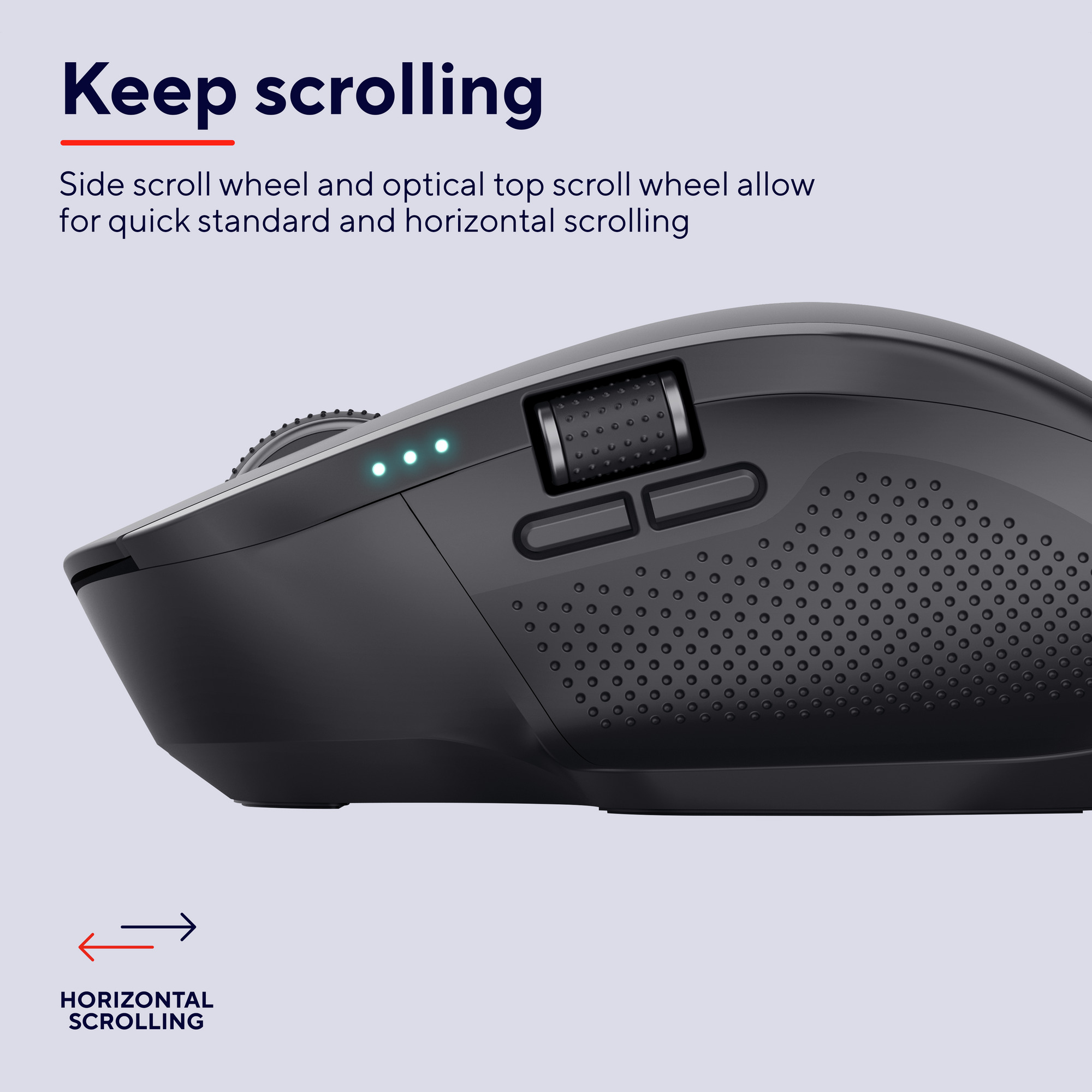 A black mouse with a scroll wheel and buttons, with a diagram of horizontal scrolling.