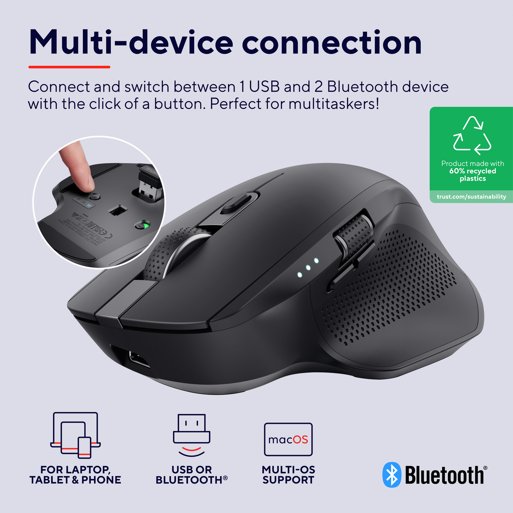 Black computer mouse with multiple buttons, a scroll wheel, and a USB receiver.  Includes icons.
